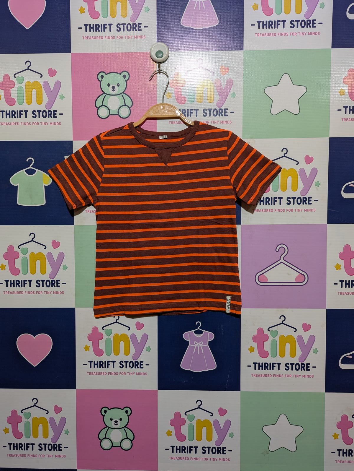 Boys Brown and Orange Horizontal Striped Short Sleeve Tee - Size Estimated Age 7-8 Years AB2