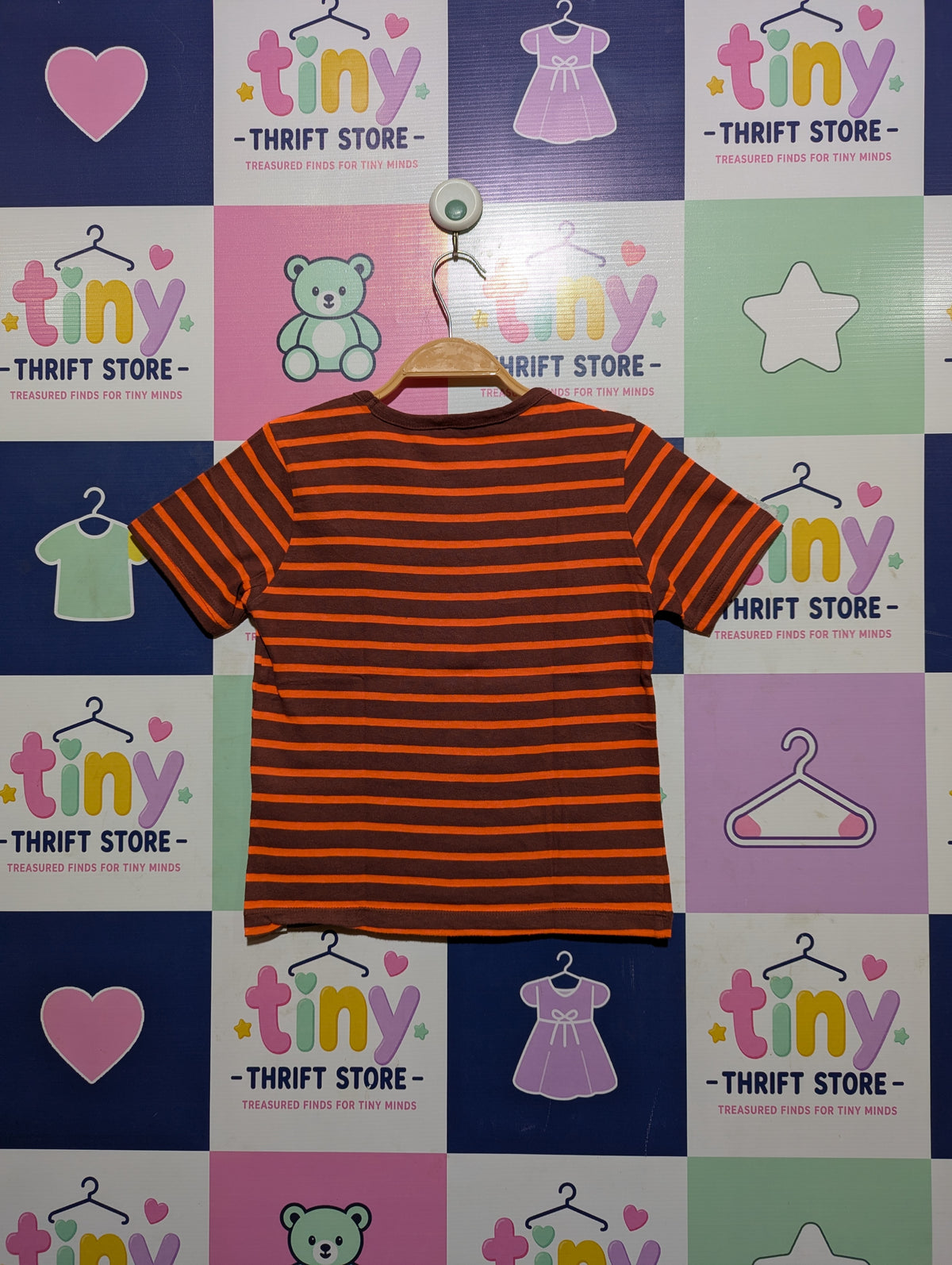 Boys Brown and Orange Horizontal Striped Short Sleeve Tee - Size Estimated Age 7-8 Years AB2