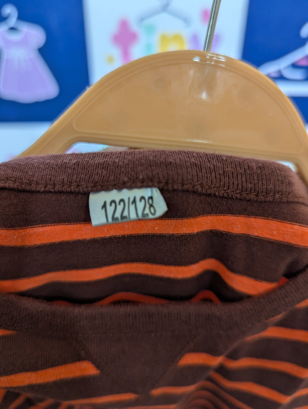 Boys Brown and Orange Horizontal Striped Short Sleeve Tee - Size Estimated Age 7-8 Years AB2