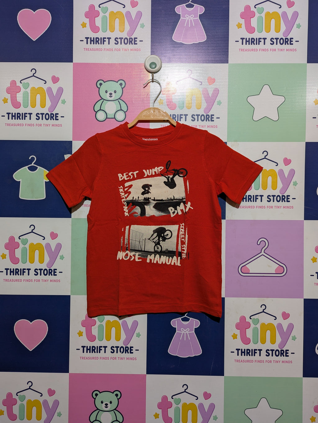 Inextenso Boys Red "Best Jump BMX Nose Manual" Skatepark Graphic Short Sleeve Tee - Size 8 Estimated Age 8 Years AB2