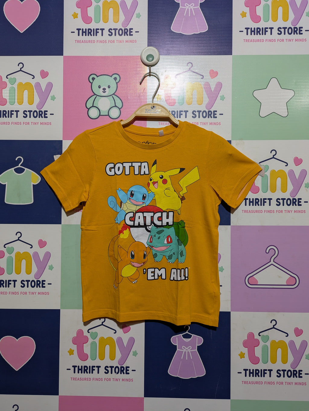 Pokémon Boys Mustard Yellow "Gotta Catch 'Em All" Graphic Short Sleeve Tee - Size Estimated Age 7 Years AB2