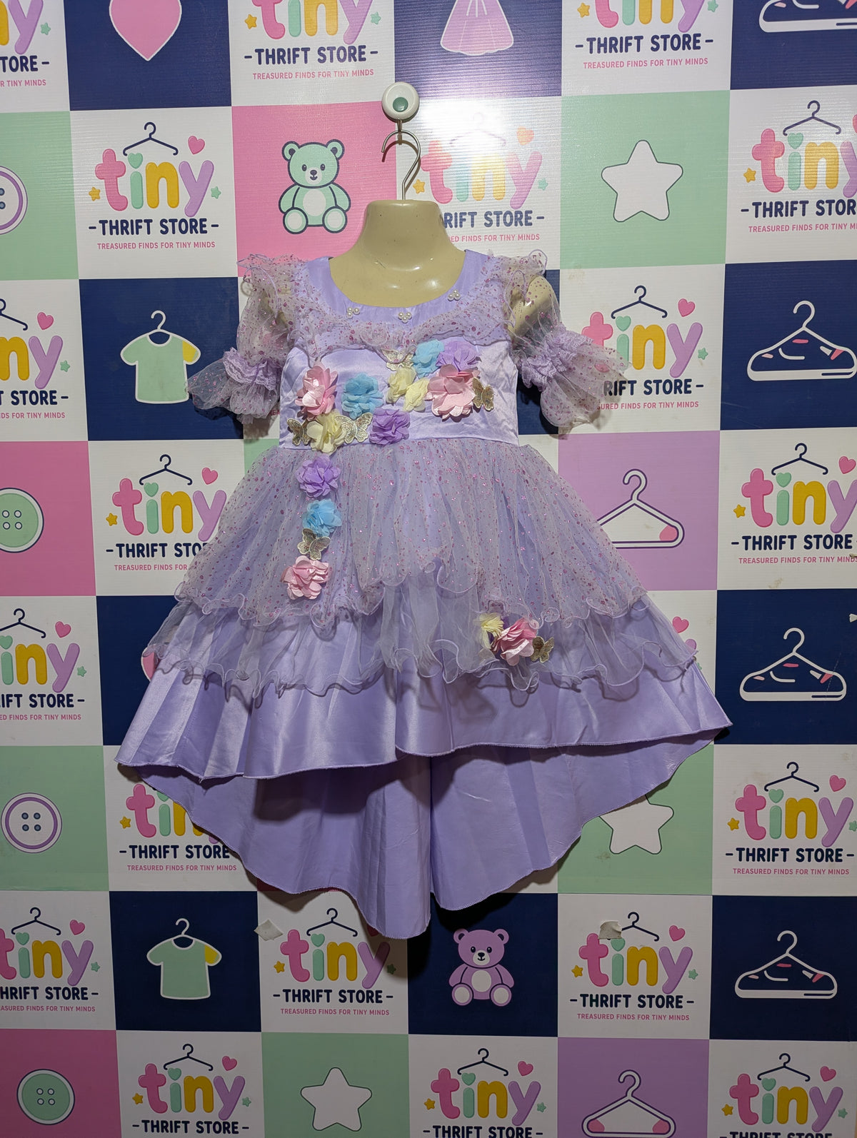 Gee-Azzy Girls Lavender "Floral Appliqué & Sparkle Tulle" High-Low Party Dress - Size Estimated Age 6 Years AB2