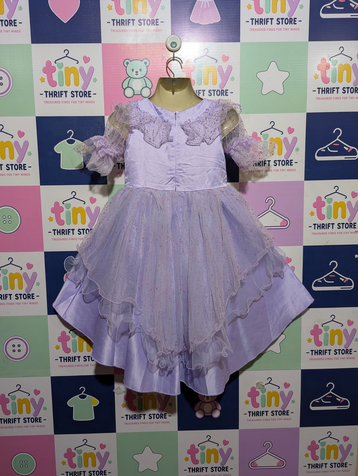 Gee-Azzy Girls Lavender "Floral Appliqué & Sparkle Tulle" High-Low Party Dress - Size Estimated Age 6 Years AB2