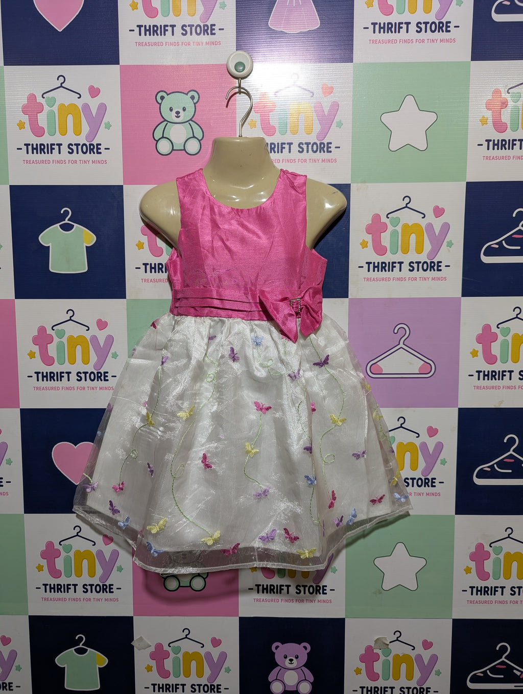 Blueberry Boulevard Girls Hot Pink & White "Butterfly Embroidery" Party Dress - Size Estimated Age 7 Years AB2
