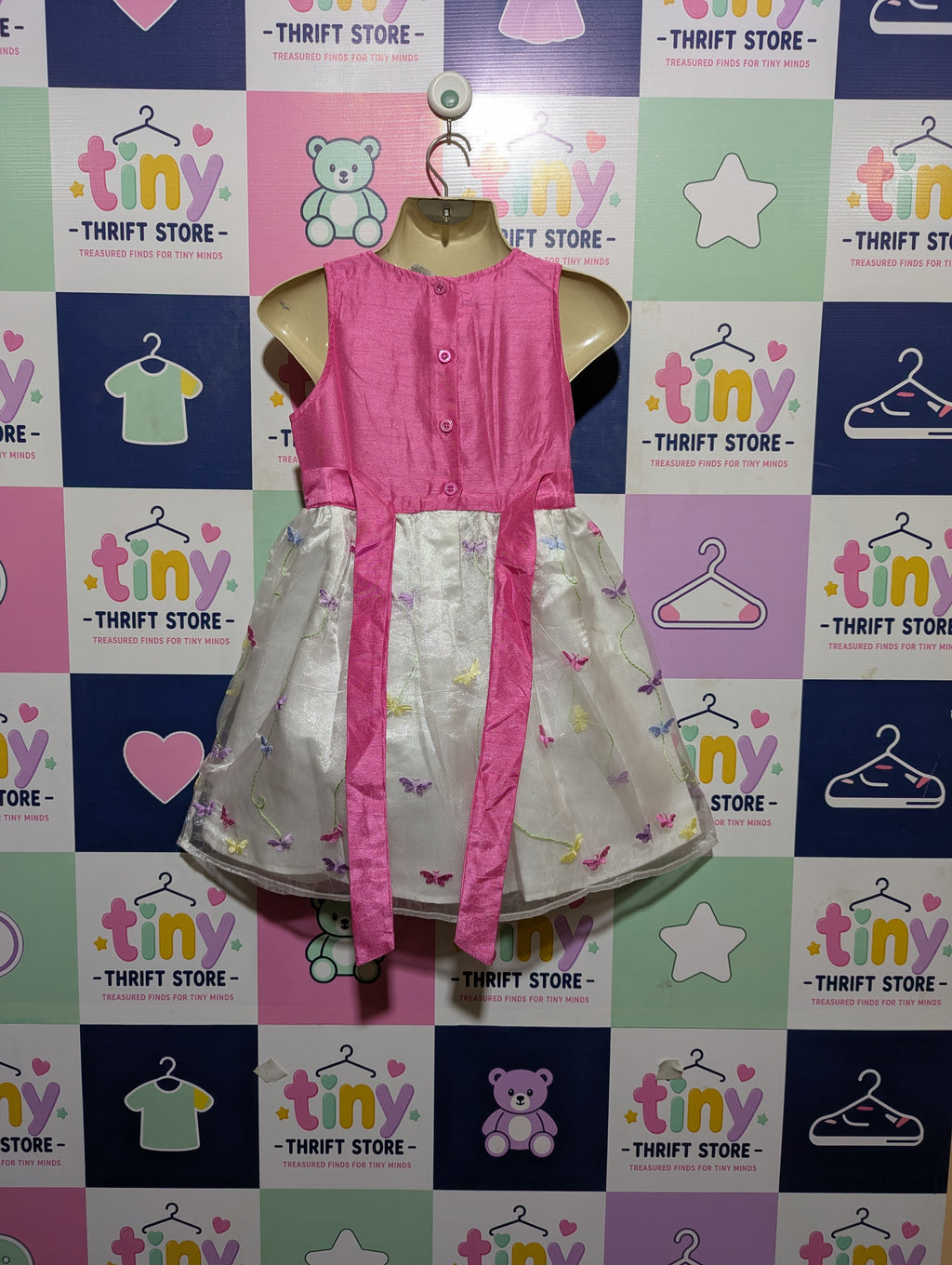 Blueberry Boulevard Girls Hot Pink & White "Butterfly Embroidery" Party Dress - Size Estimated Age 7 Years AB2