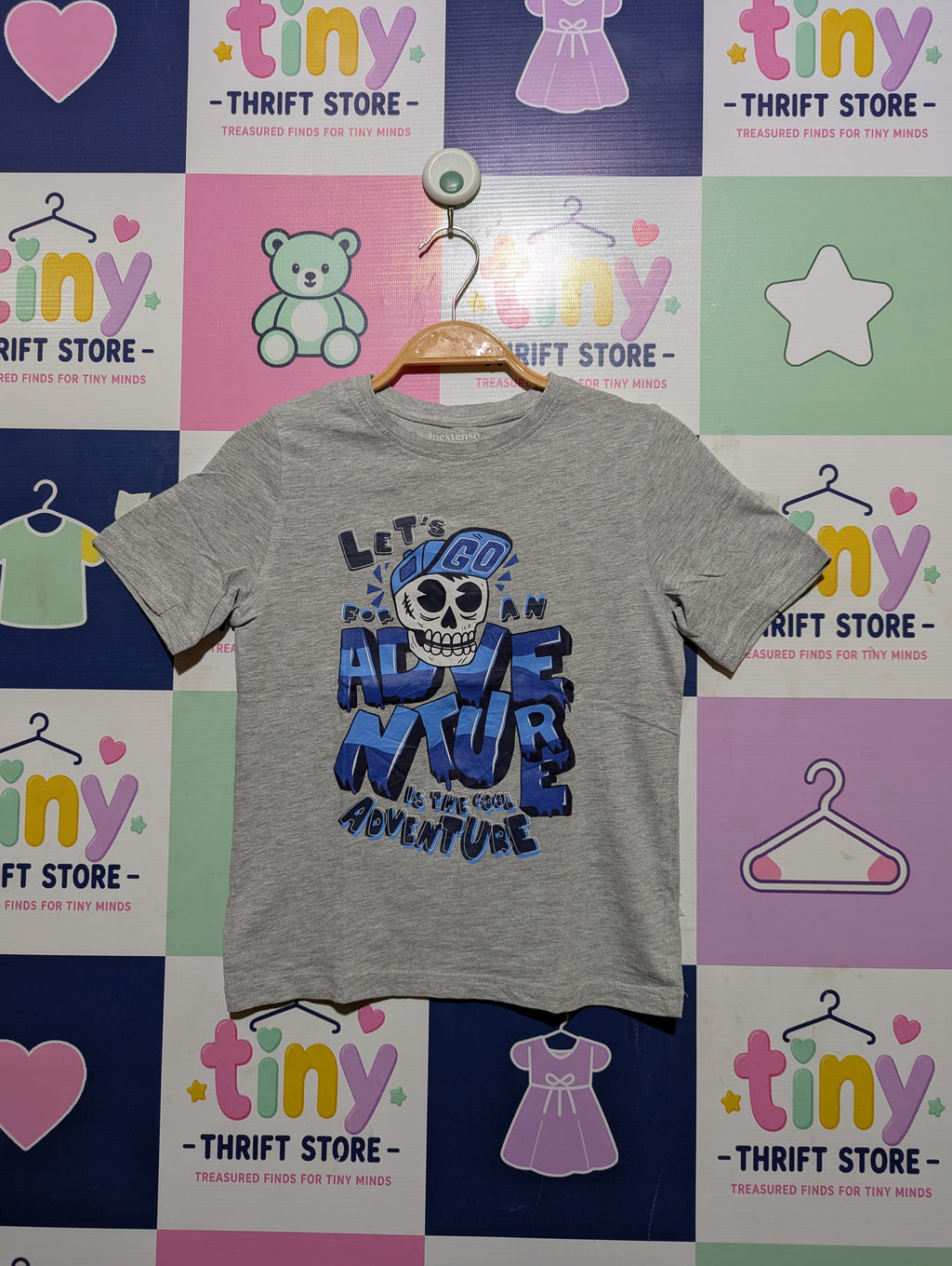 Inextenso Boys Heather Grey "Let's Go For An Adventure" Graphic Short Sleeve Tee - Size Estimated Age 7-8 Years AB2