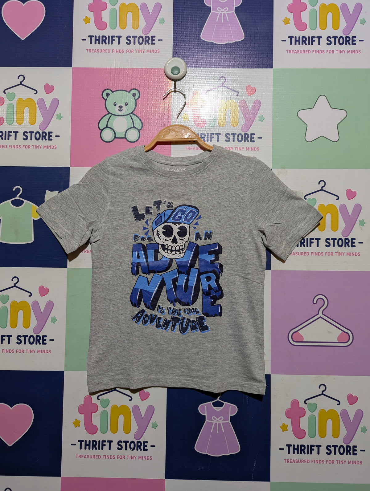 Inextenso Boys Heather Grey "Let's Go For An Adventure" Graphic Short Sleeve Tee - Size Estimated Age 7-8 Years AB2