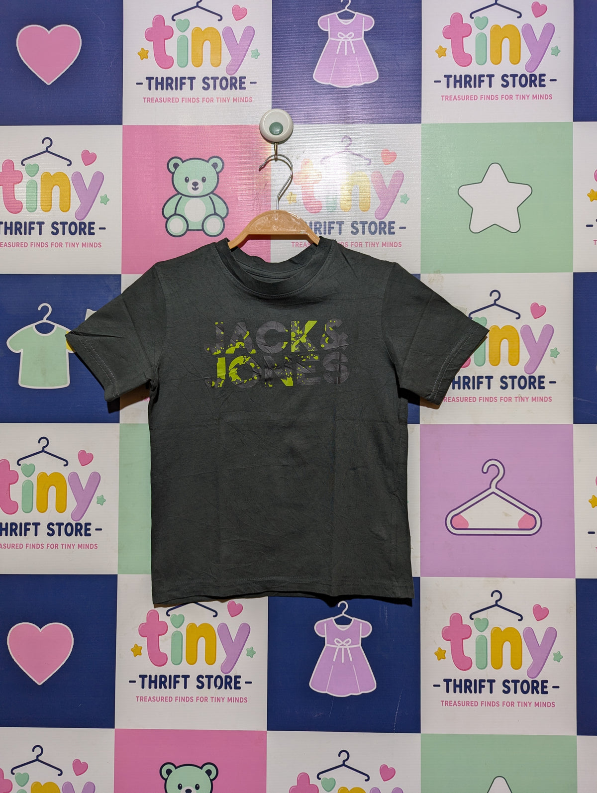 Jack & Jones Boys Dark Grey "Keeping It Real" Logo Graphic Short Sleeve Tee - Size Estimated Age 8 Years AB2