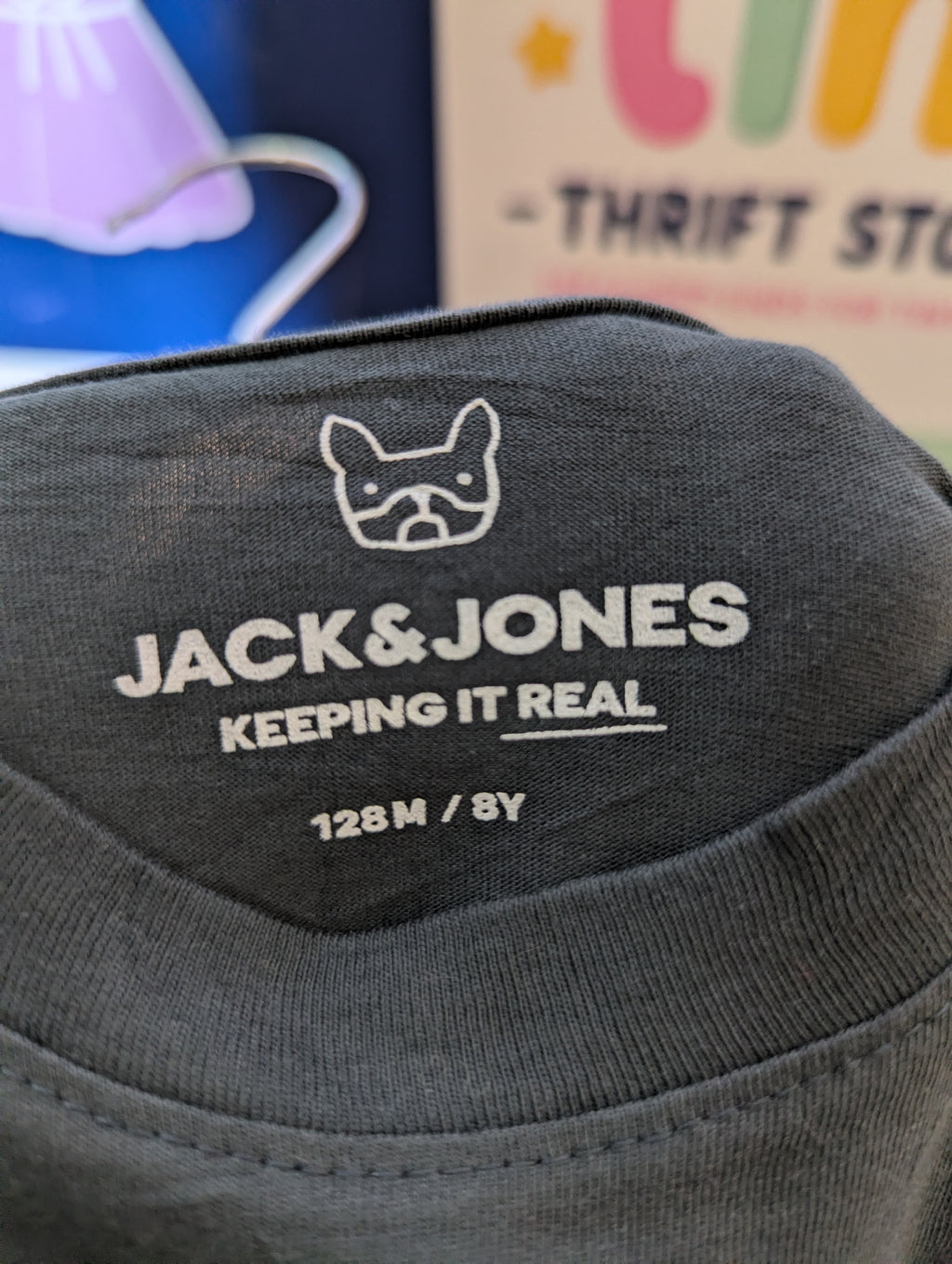 Jack & Jones Boys Dark Grey "Keeping It Real" Logo Graphic Short Sleeve Tee - Size Estimated Age 8 Years AB2