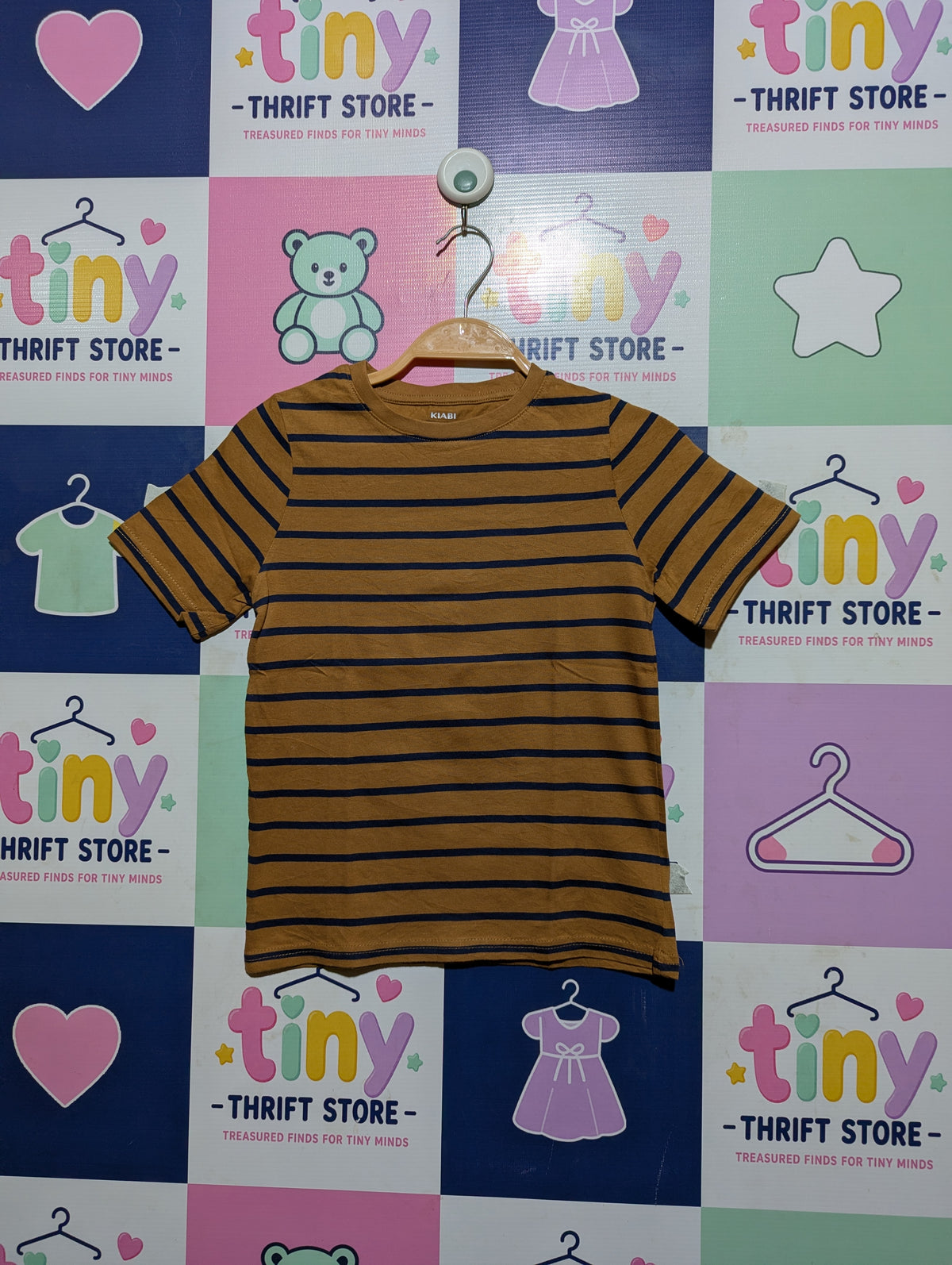Kiabi Boys Mustard Brown & Navy Striped Short Sleeve Tee - Size Estimated Age 8 Years AB2