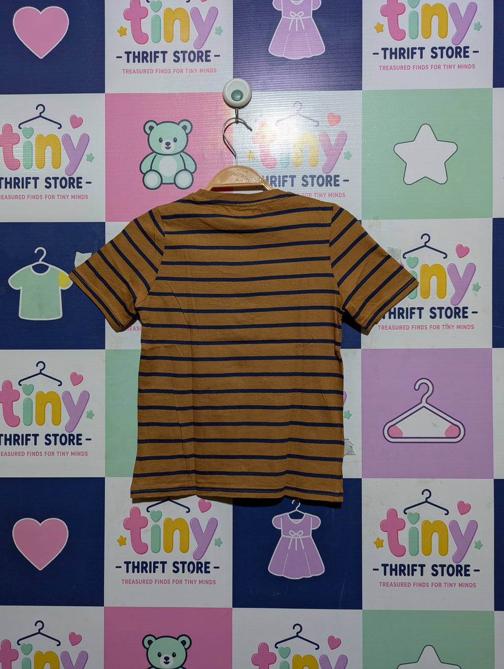 Kiabi Boys Mustard Brown & Navy Striped Short Sleeve Tee - Size Estimated Age 8 Years AB2