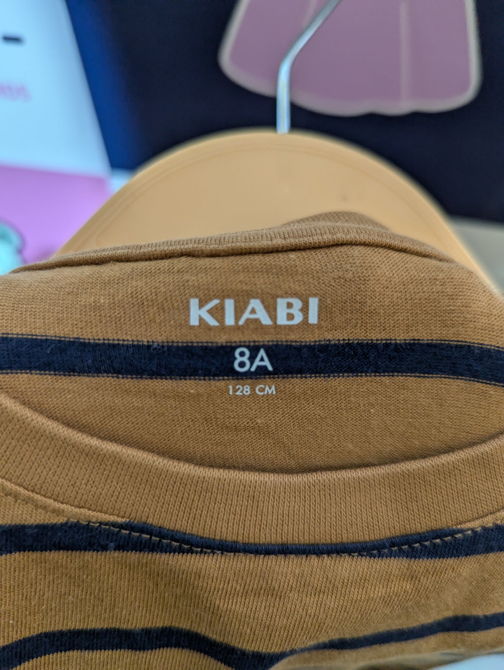 Kiabi Boys Mustard Brown & Navy Striped Short Sleeve Tee - Size Estimated Age 8 Years AB2