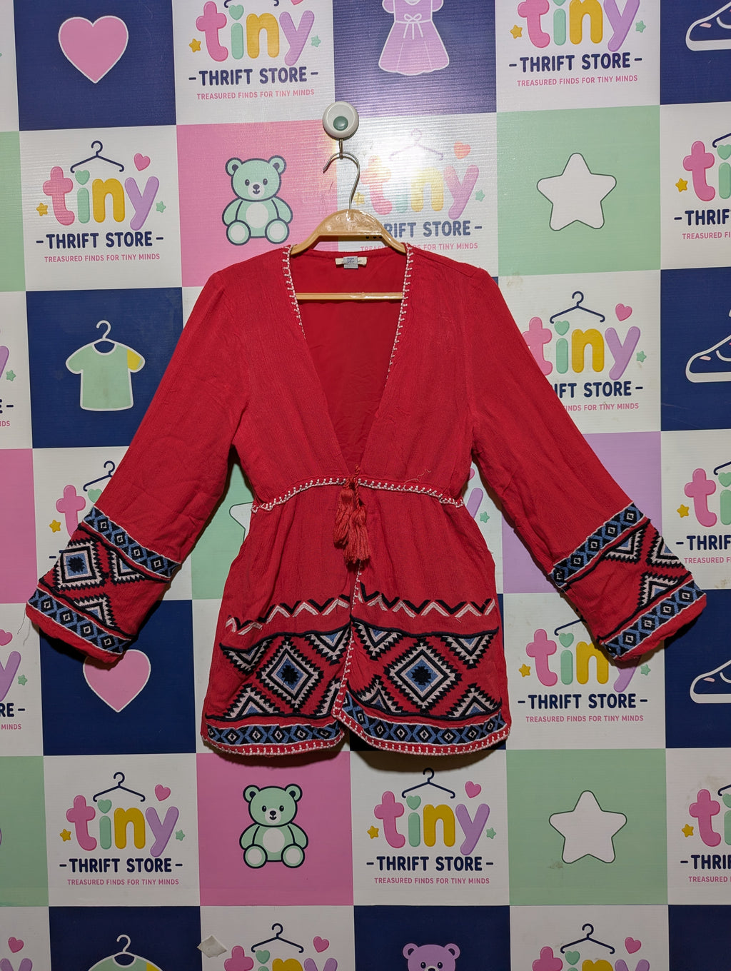 River Island Girls Red Boho Embroidered Tunic Top - Size Estimated Age 7-8 Years AB2