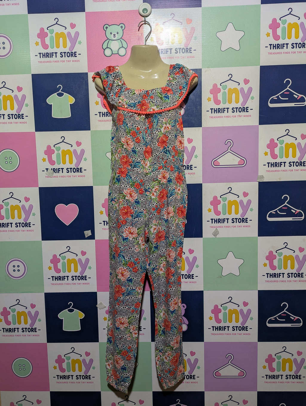 Primark Girls Multi-Color Floral Print Ruffle Jumpsuit - Size Estimated Age 9-10 Years AB2