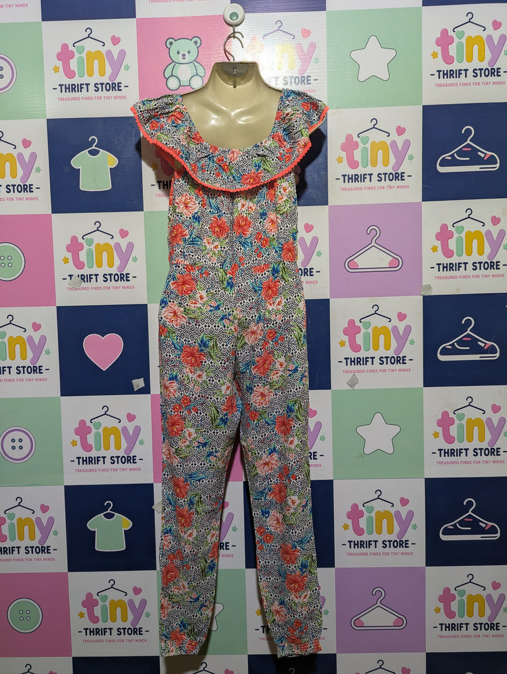 Primark Girls Multi-Color Floral Print Ruffle Jumpsuit - Size Estimated Age 9-10 Years AB2