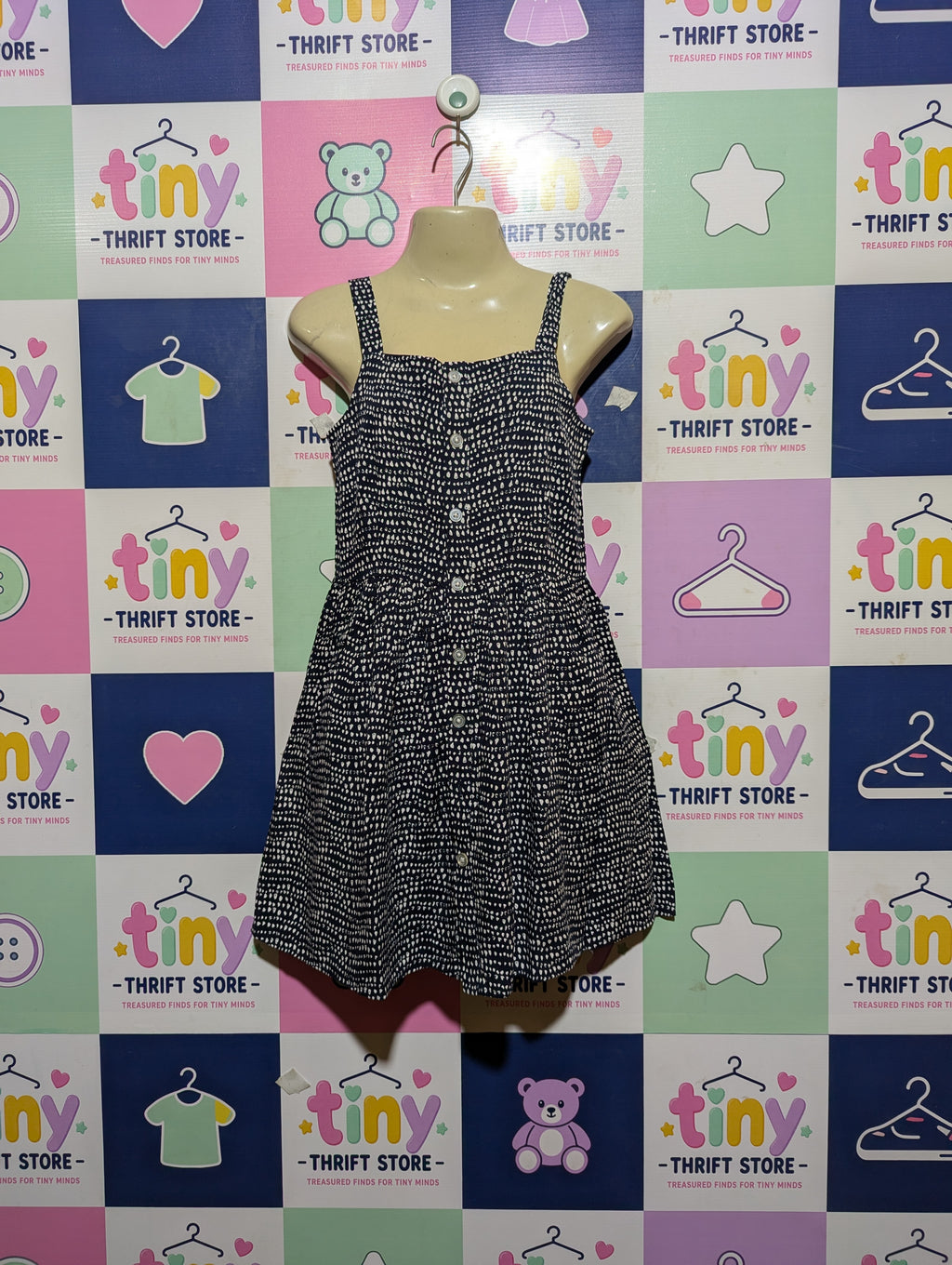 Anko Girls Navy Blue & White Abstract Dot Print Sleeveless Summer Dress - Size Estimated Age 9 Years AB3