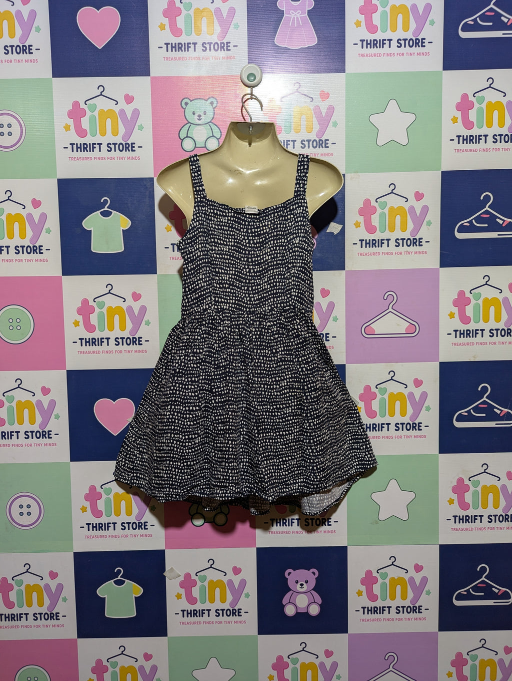 Anko Girls Navy Blue & White Abstract Dot Print Sleeveless Summer Dress - Size Estimated Age 9 Years AB3