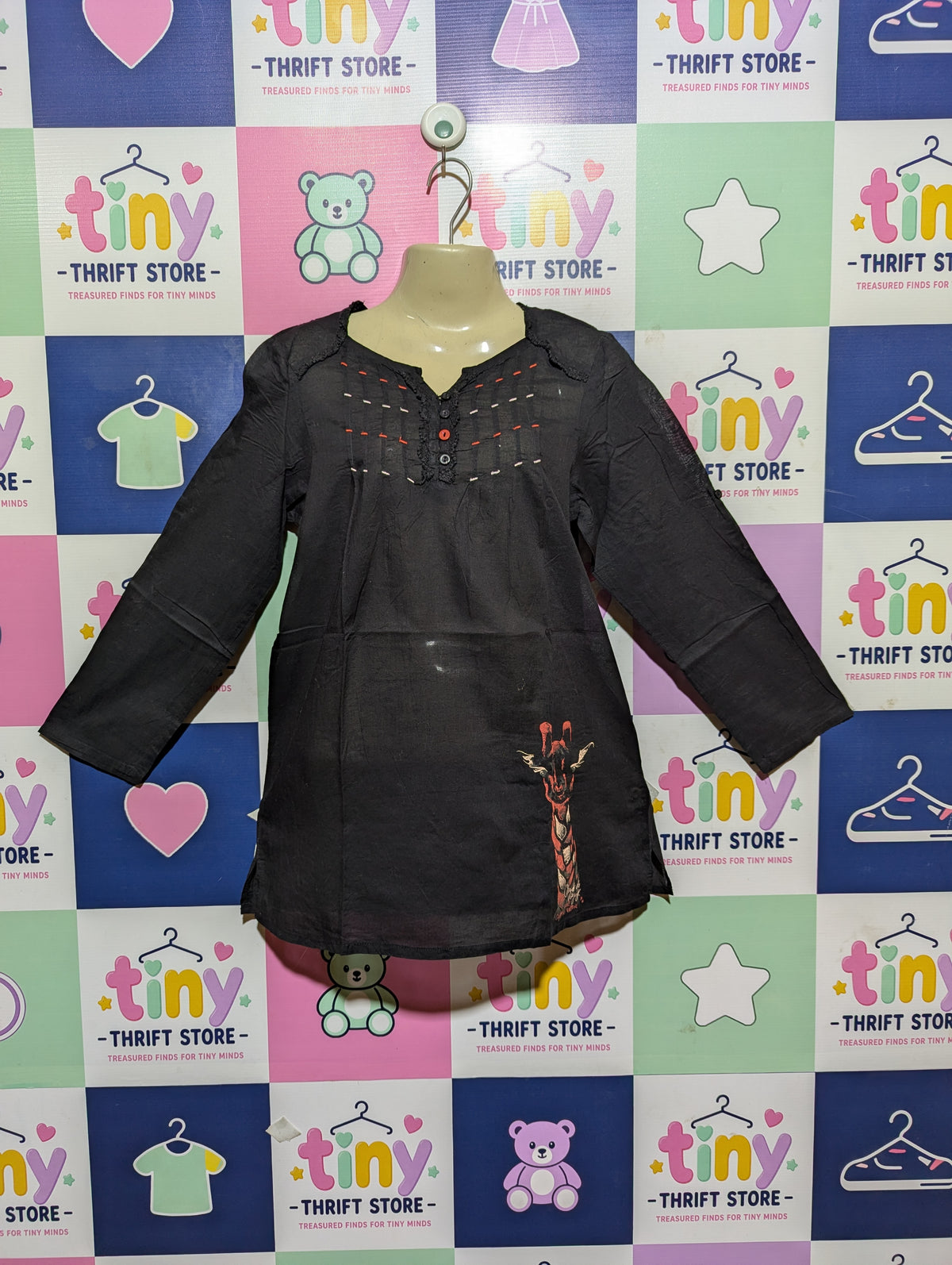 Girls Black Giraffe Print Long Sleeve Tunics - Size 140 Estimated Age 9-10 Years AB2