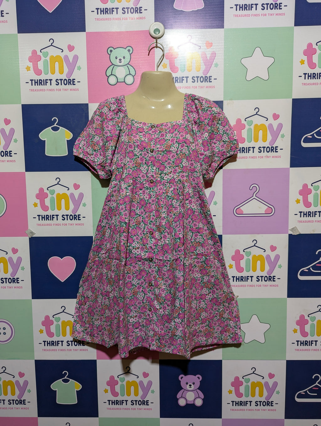 NEXT Girls Pink & Green Floral Print Square-Neck Dress - Size 10 Years Estimated Age 10 Years AB2