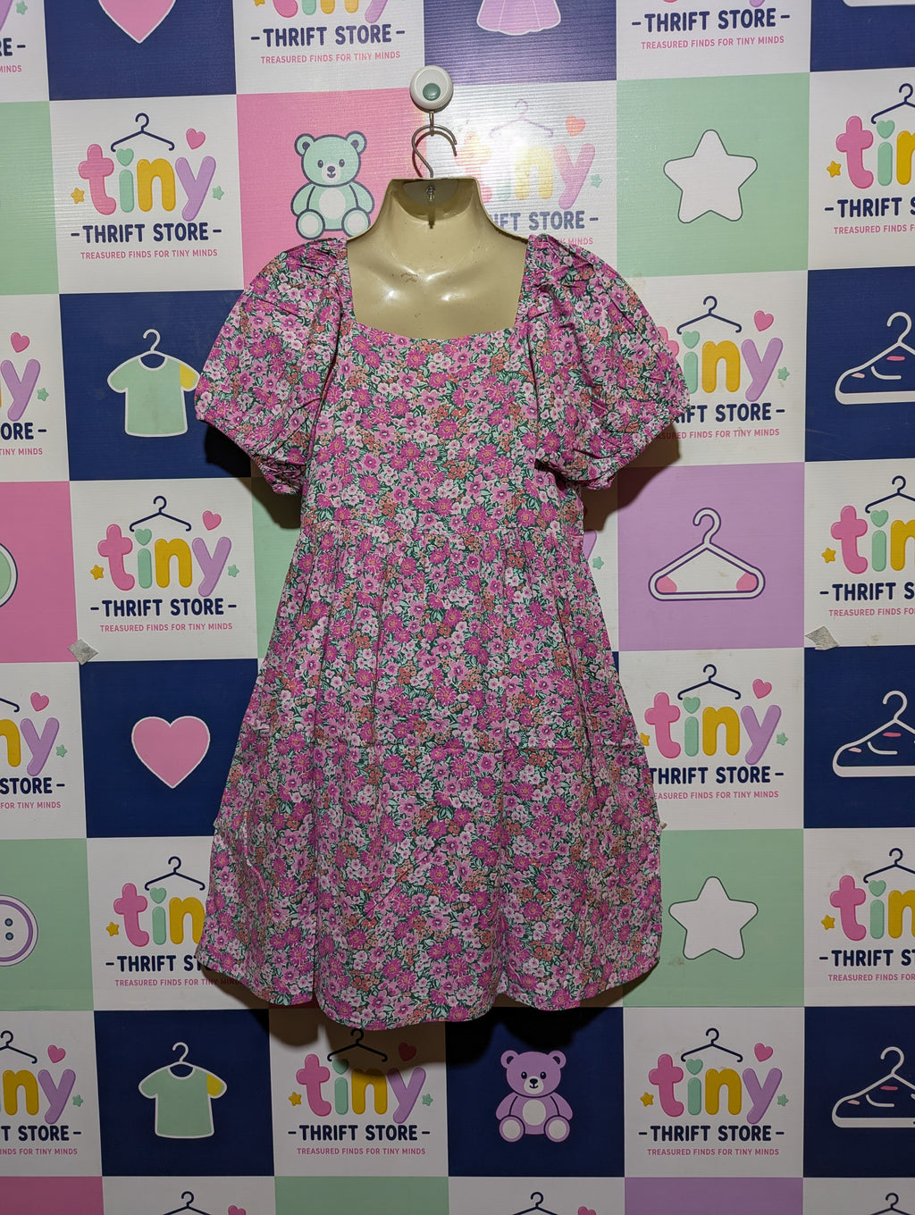 NEXT Girls Pink & Green Floral Print Square-Neck Dress - Size 10 Years Estimated Age 10 Years AB2