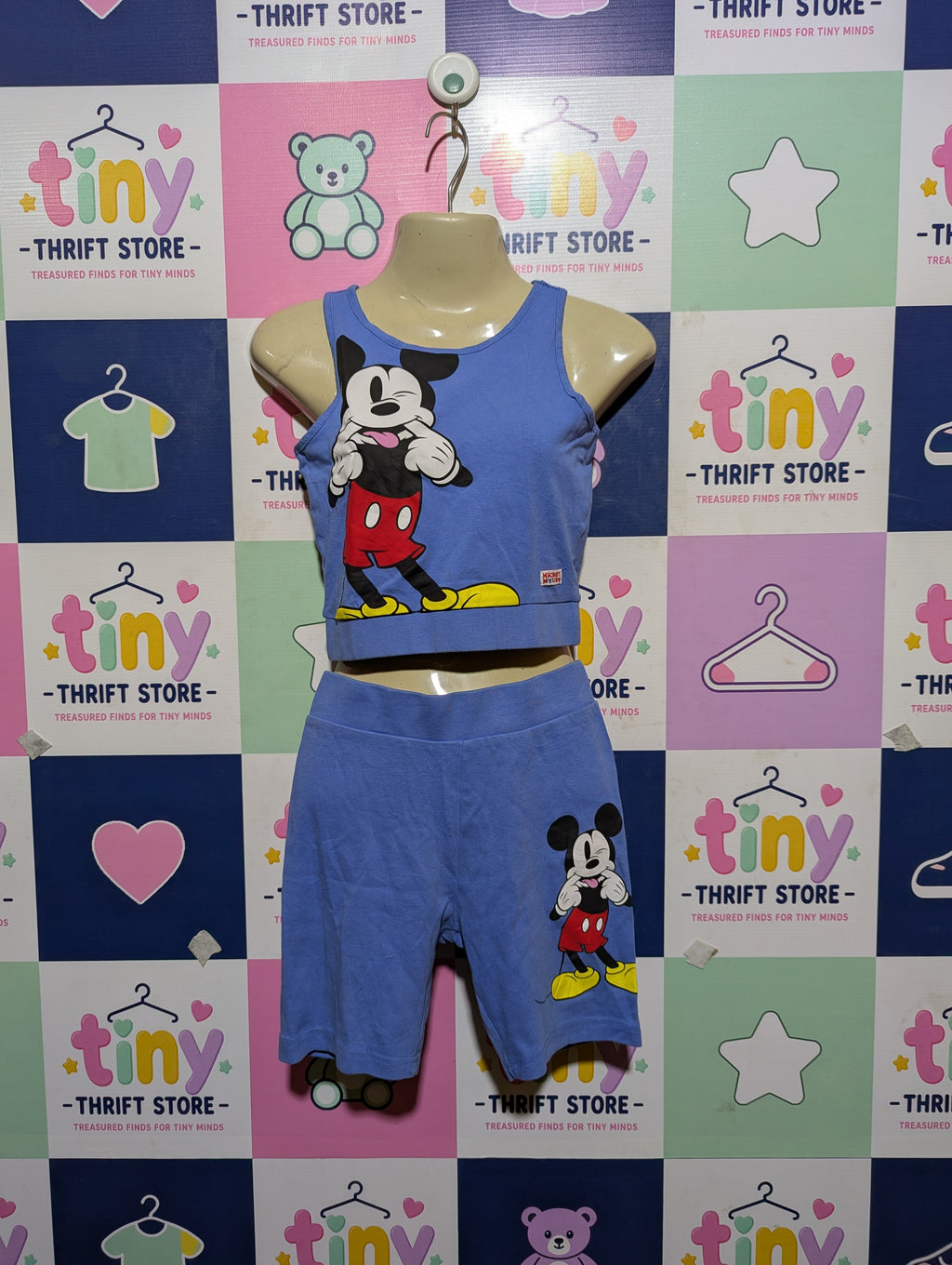 Disney Mickey & Friends Girls Blue Mickey Mouse Crop Top & Biker Shorts Set - Size 8-9 Years Estimated Age 8-9 Years AB2
