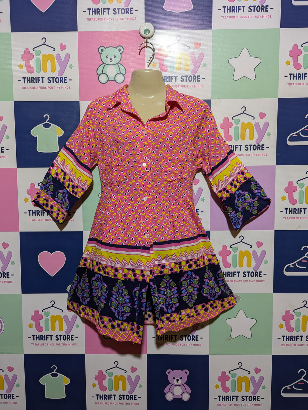 U Again Girls Pink & Navy Blue Floral Block-Print Shirt Dress - Size 9 Years Estimated Age 9 Years AB2