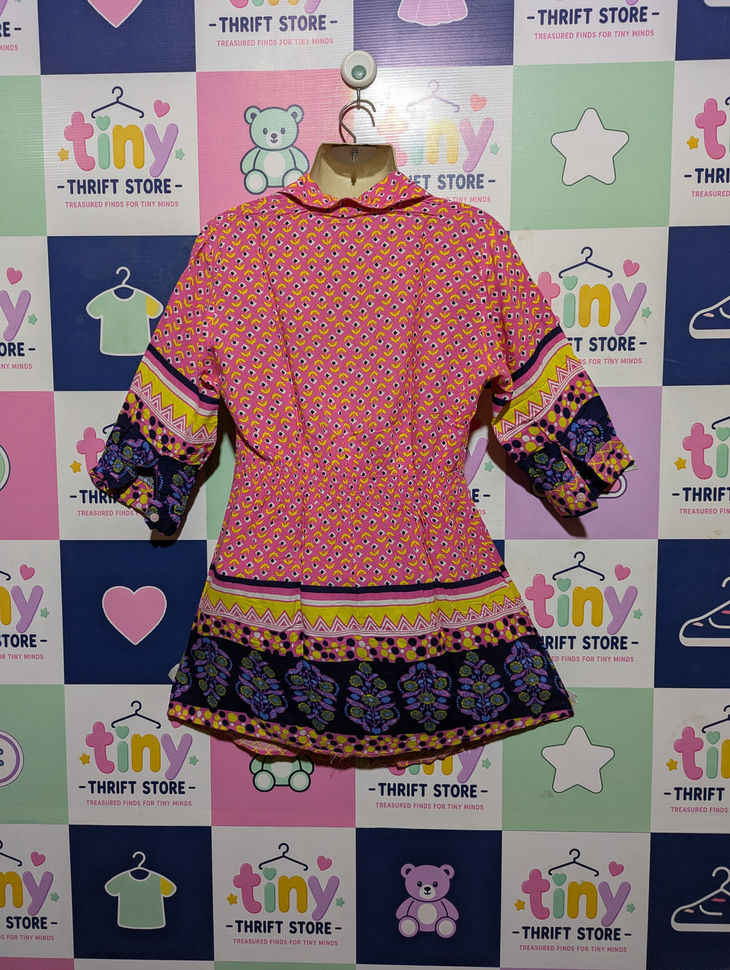 U Again Girls Pink & Navy Blue Floral Block-Print Shirt Dress - Size 9 Years Estimated Age 9 Years AB2