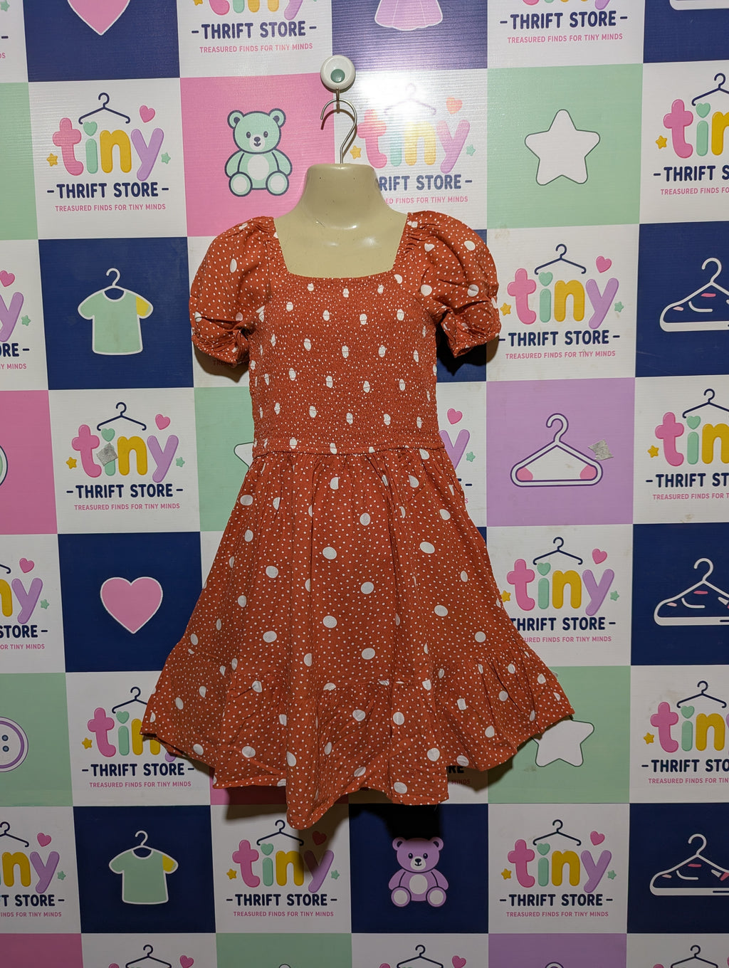 George Girls Rust Polka Dot Smocked Puff Sleeve Dress - Size Estimated Age 9-10 Years AB2