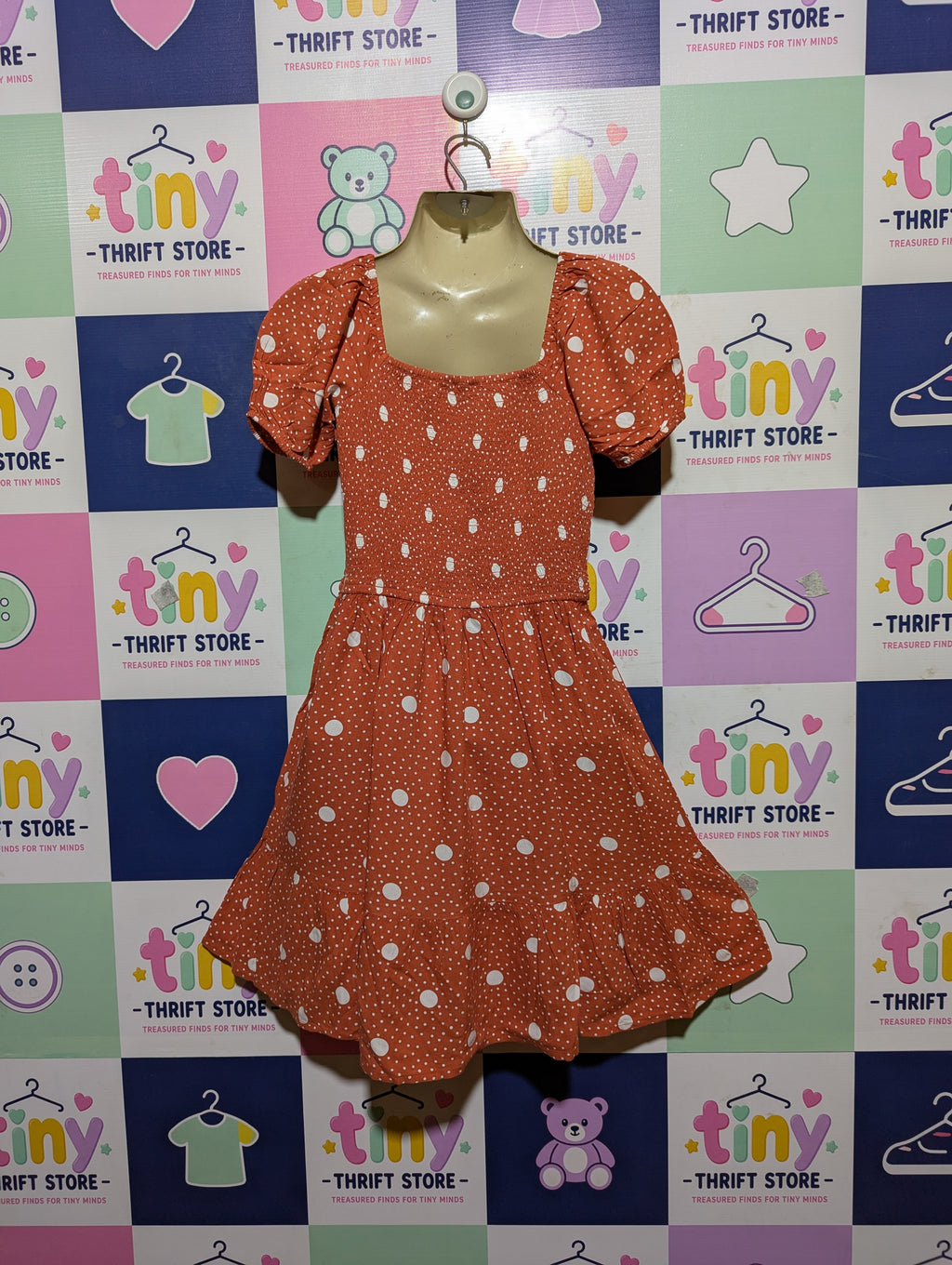 George Girls Rust Polka Dot Smocked Puff Sleeve Dress - Size Estimated Age 9-10 Years AB2