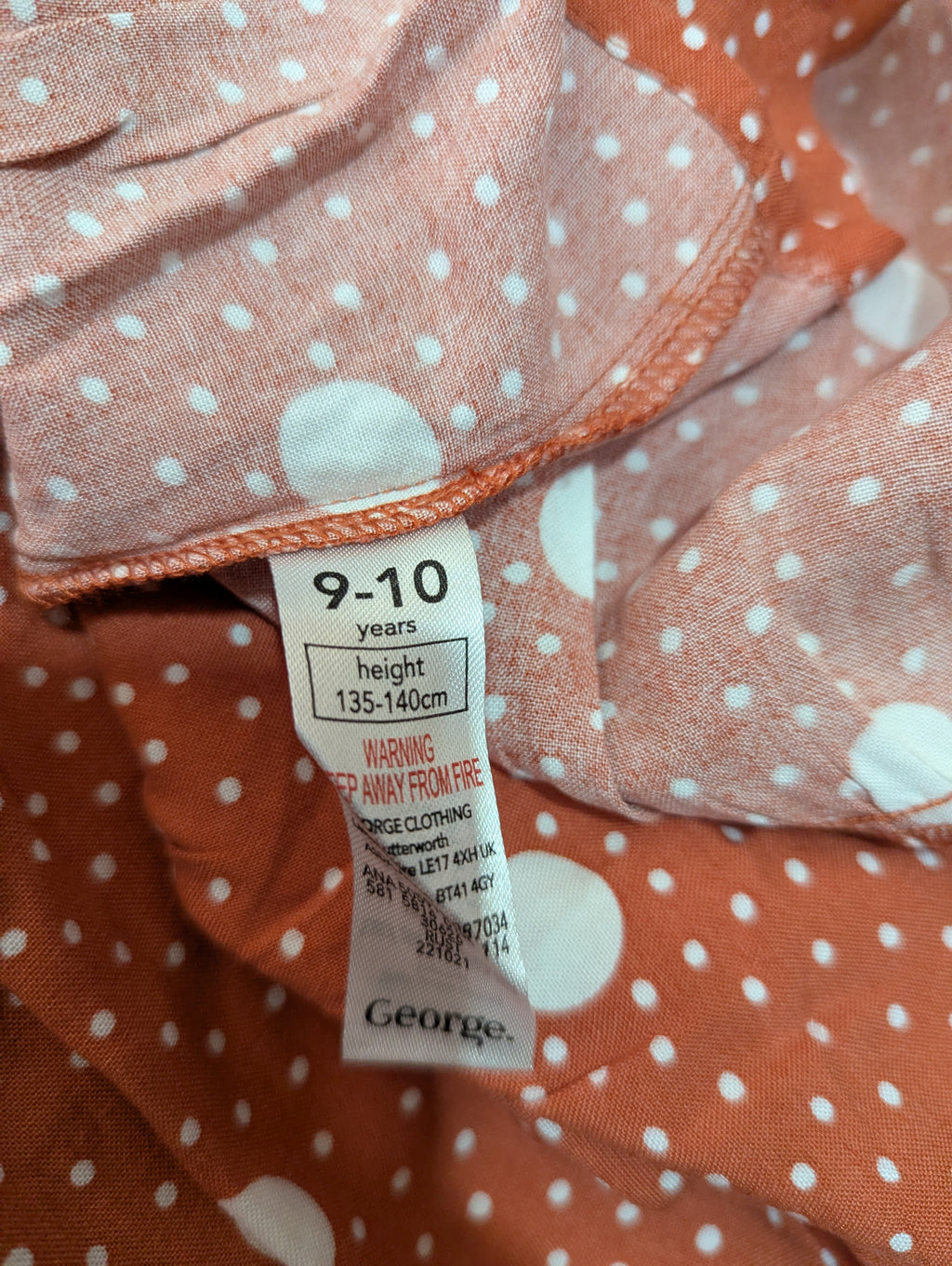 George Girls Rust Polka Dot Smocked Puff Sleeve Dress - Size Estimated Age 9-10 Years AB2