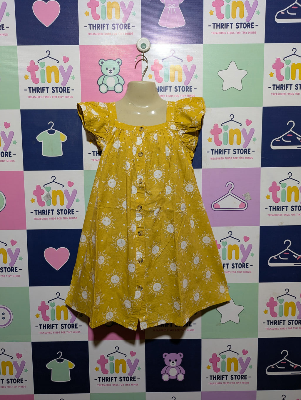 Cotton On Kids Girls Mustard Yellow Sun and Moon Print Dress - Size 9-10 Estimated Age 9-10 Years AB2