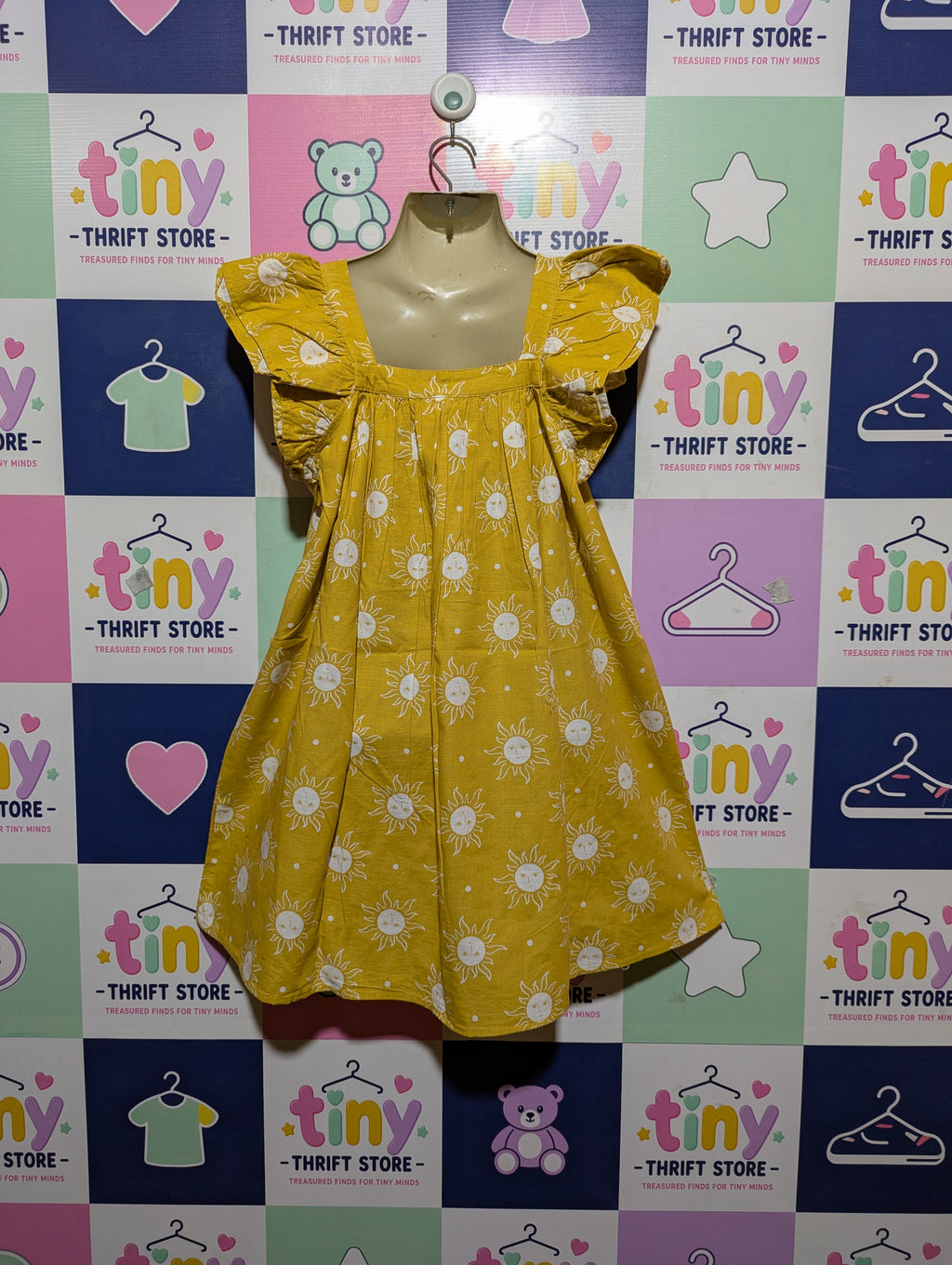 Cotton On Kids Girls Mustard Yellow Sun and Moon Print Dress - Size 9-10 Estimated Age 9-10 Years AB2
