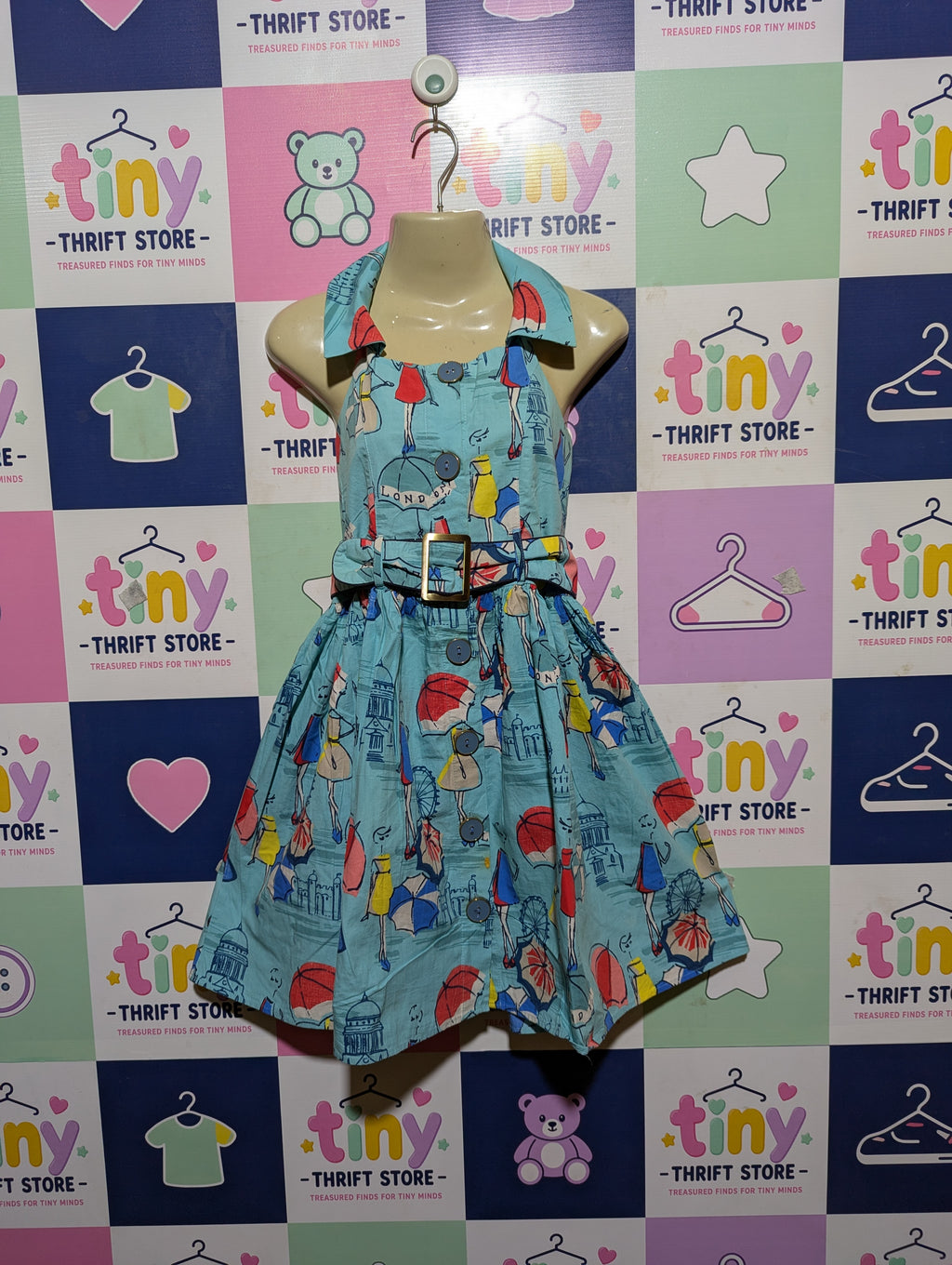 Next Girls Light Blue London Umbrella Print Halter Dress - Size 10 Yrs Estimated Age 9-10 Years AB2