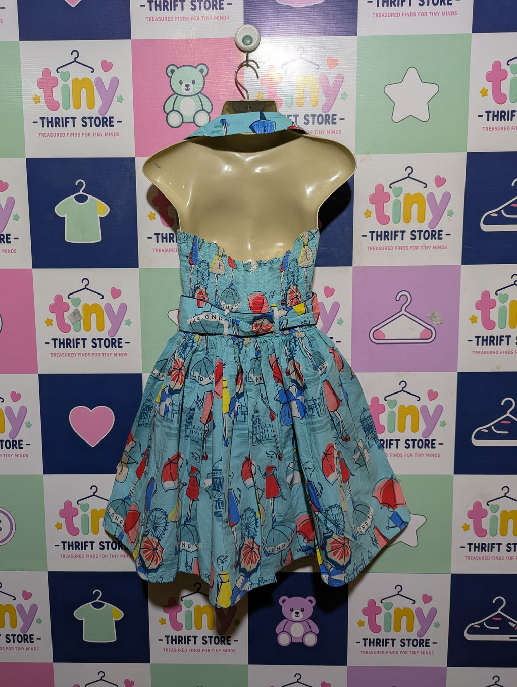 Next Girls Light Blue London Umbrella Print Halter Dress - Size 10 Yrs Estimated Age 9-10 Years AB2