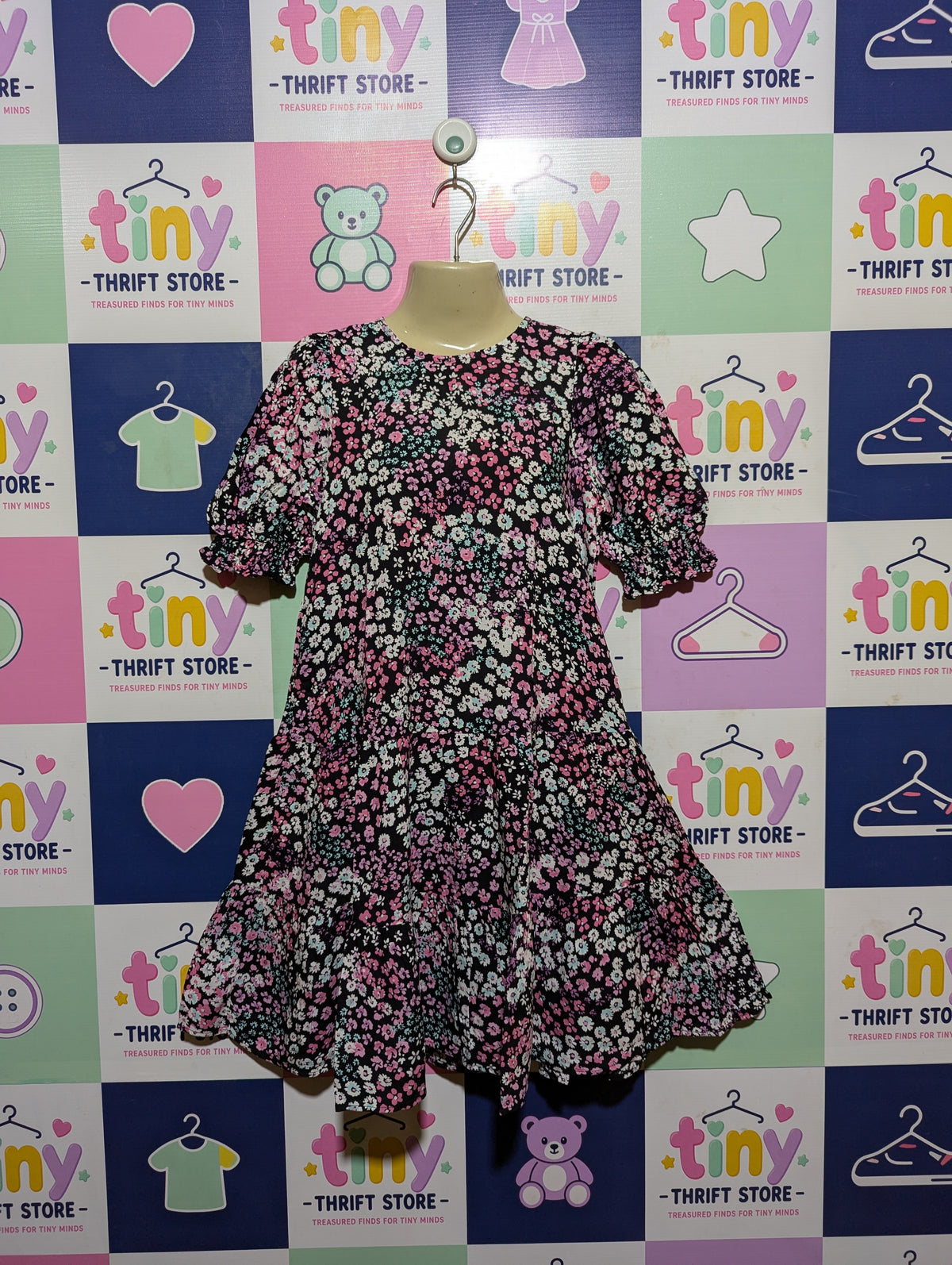 George Girls Black Floral Print Tiered Puff Sleeve Dress - Size 9-10 Years Estimated Age 9-10 Years AB2