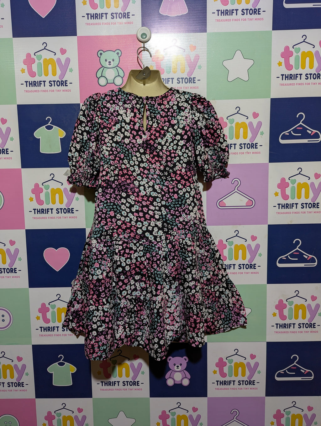 George Girls Black Floral Print Tiered Puff Sleeve Dress - Size 9-10 Years Estimated Age 9-10 Years AB2