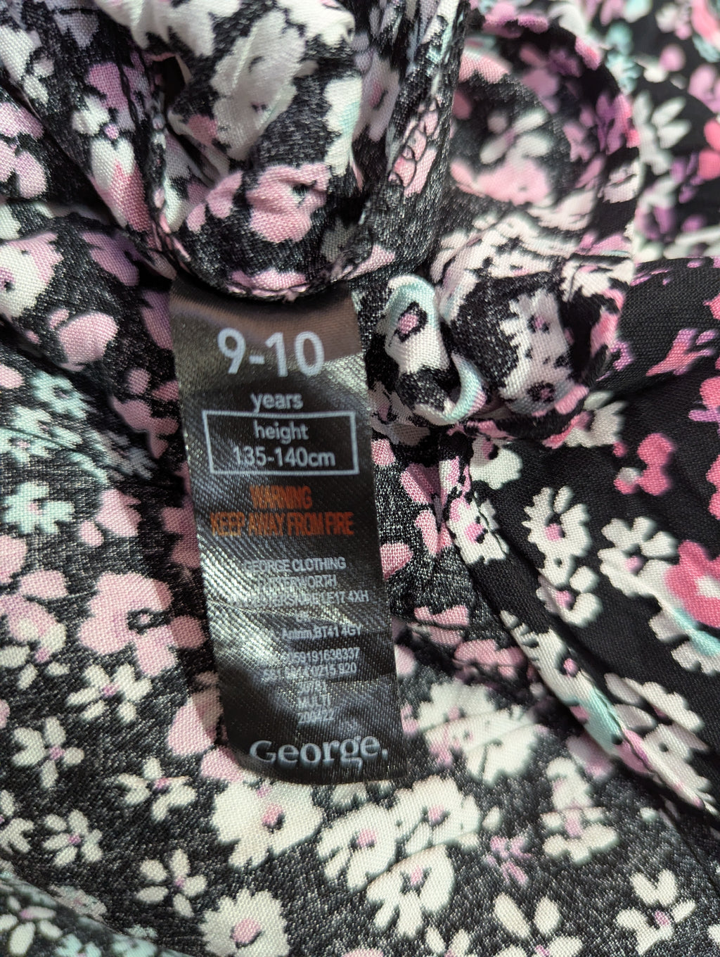 George Girls Black Floral Print Tiered Puff Sleeve Dress - Size 9-10 Years Estimated Age 9-10 Years AB2