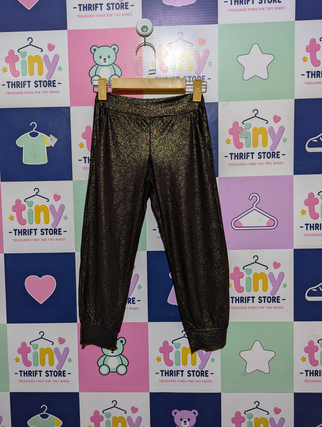 Les Tout Petits Girls Black and Gold Shimmery Cuffed Jogger Pants - Size 10 Estimated Age 9-10 Years AB2