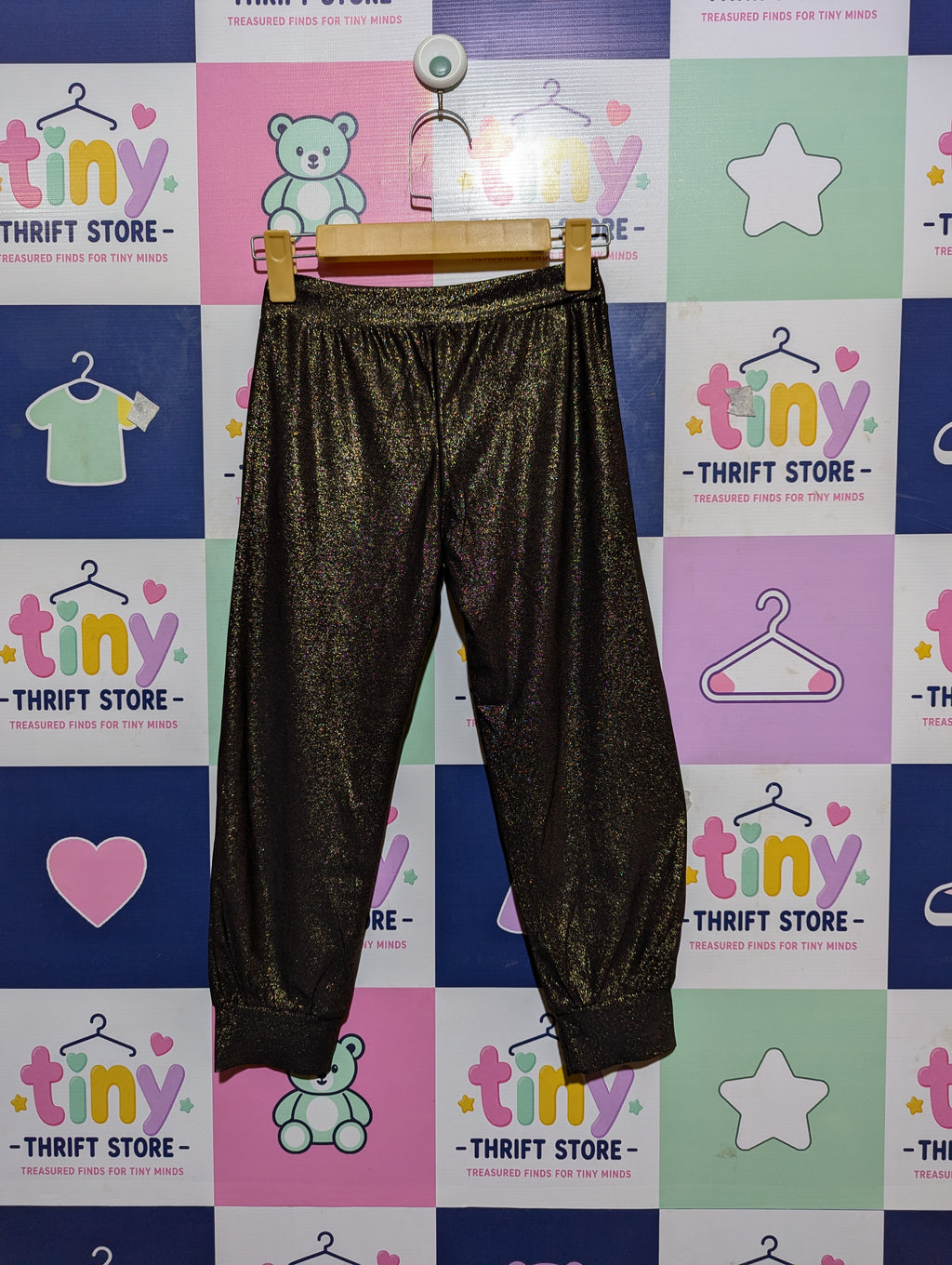 Les Tout Petits Girls Black and Gold Shimmery Cuffed Jogger Pants - Size 10 Estimated Age 9-10 Years AB2