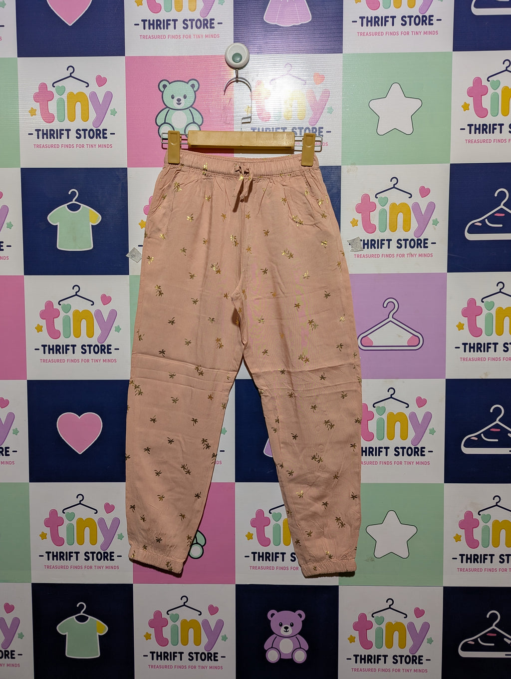 H&M Girls Peach & Gold Foil Palm Tree Print Joggers - Size 140 cm Estimated Age 9-10 Years AB2