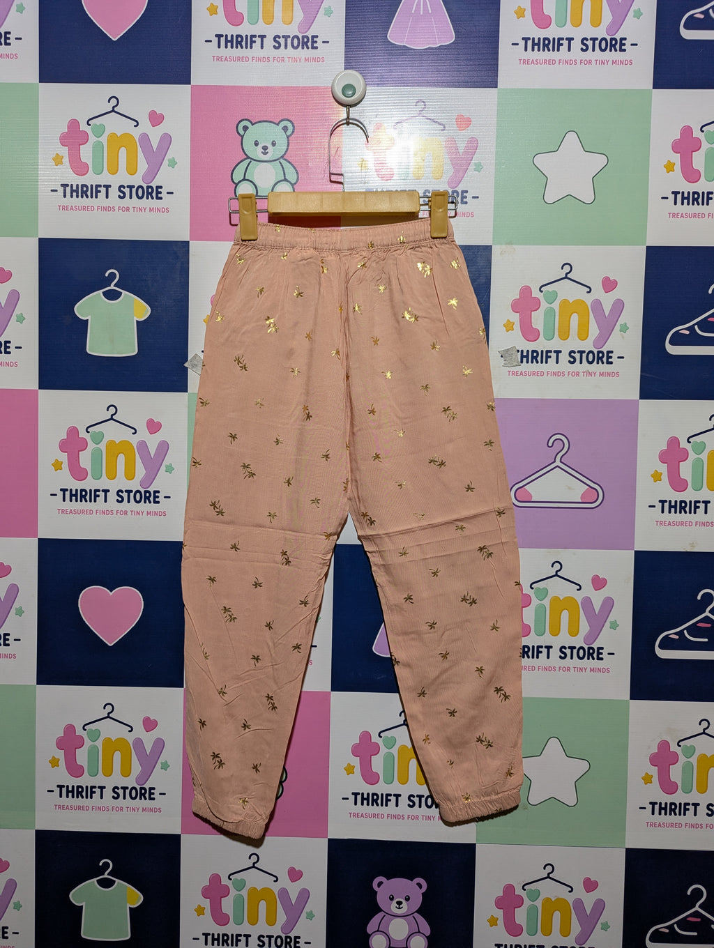 H&M Girls Peach & Gold Foil Palm Tree Print Joggers - Size 140 cm Estimated Age 9-10 Years AB2