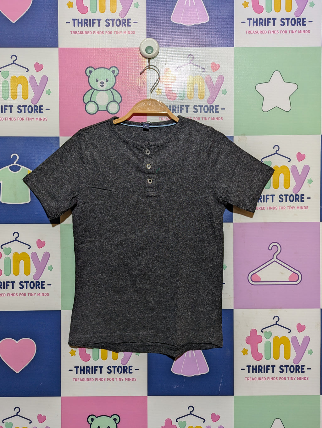 Kiabi Boys Dark Grey Melange Henley T-Shirt - Size Estimated Age 10 Years AB2