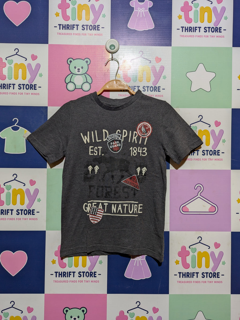 Kiabi Boys Dark Grey "Wild Spirit Forest" Patchwork Graphic Tee - Size Estimated Age 10 Years AB2