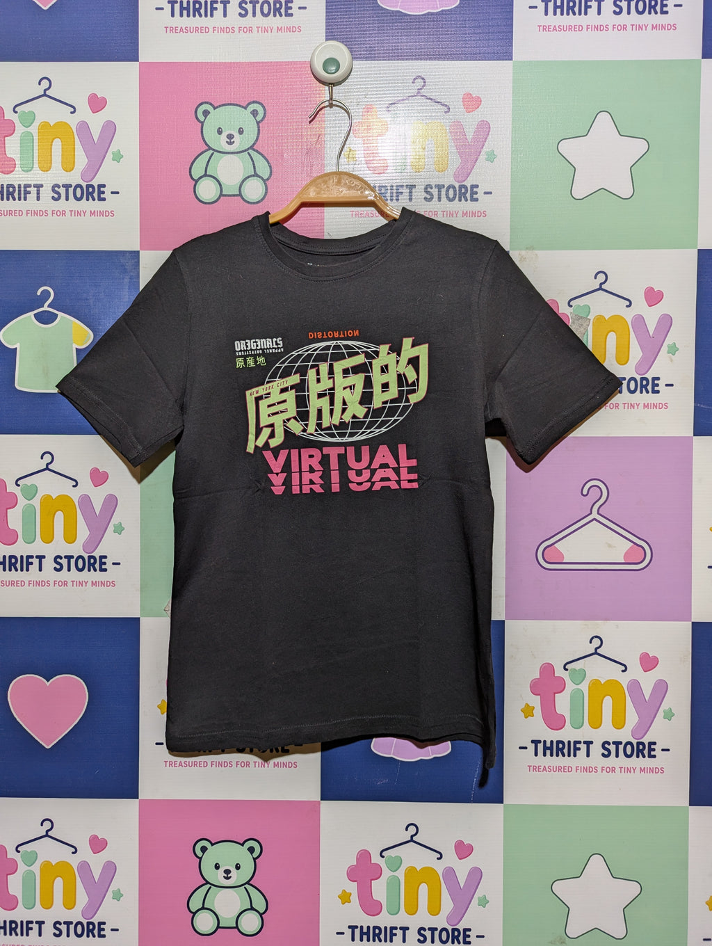 Primark Boys Dark Grey "Virtual" Japanese Graphic Tee - Size Estimated Age 9-10 Years AB2