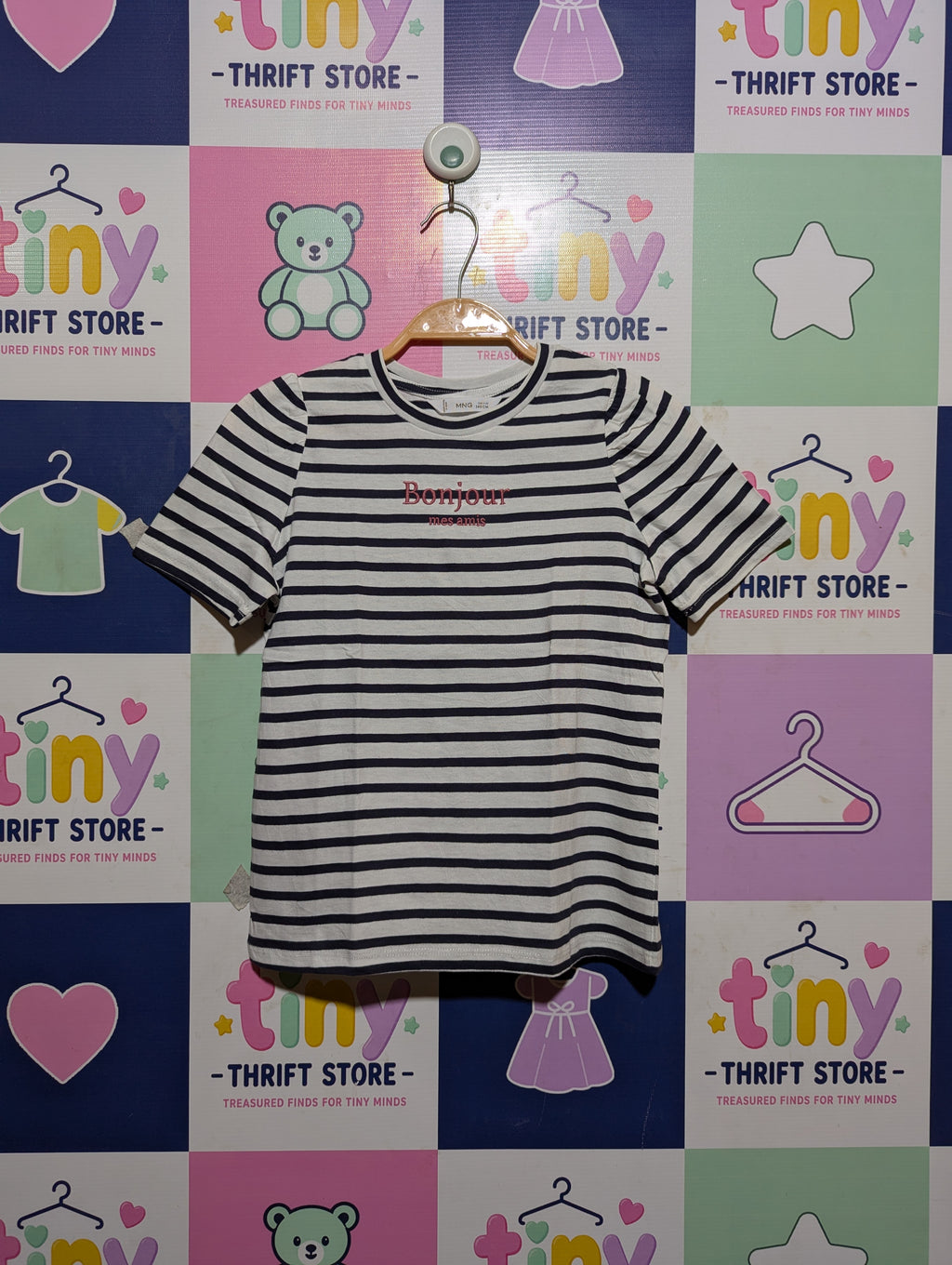 Mango Girls Navy Blue and White Striped "Bonjour" Graphic Tee - Size Estimated Age 9-10 Years AB2