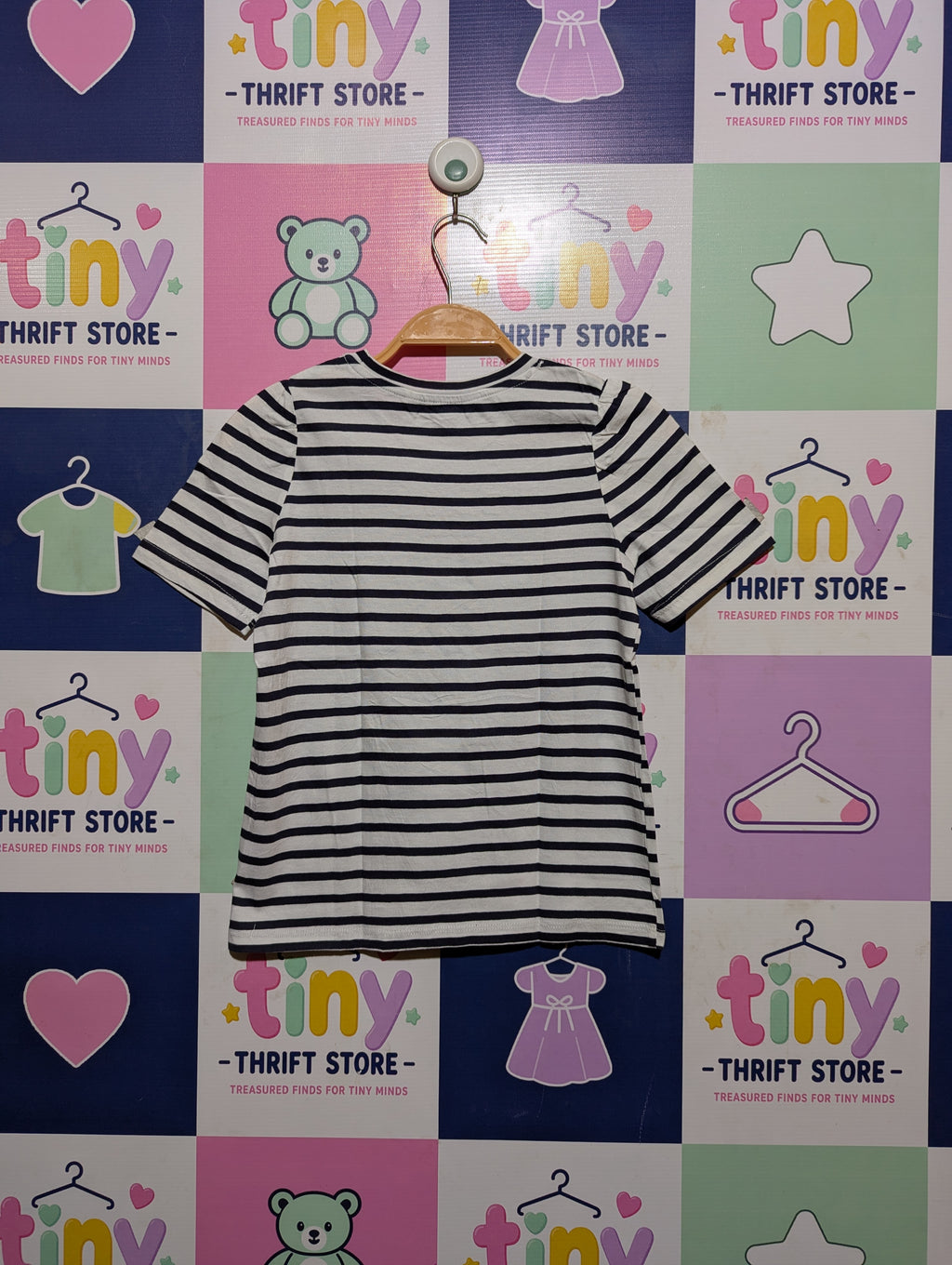 Mango Girls Navy Blue and White Striped "Bonjour" Graphic Tee - Size Estimated Age 9-10 Years AB2