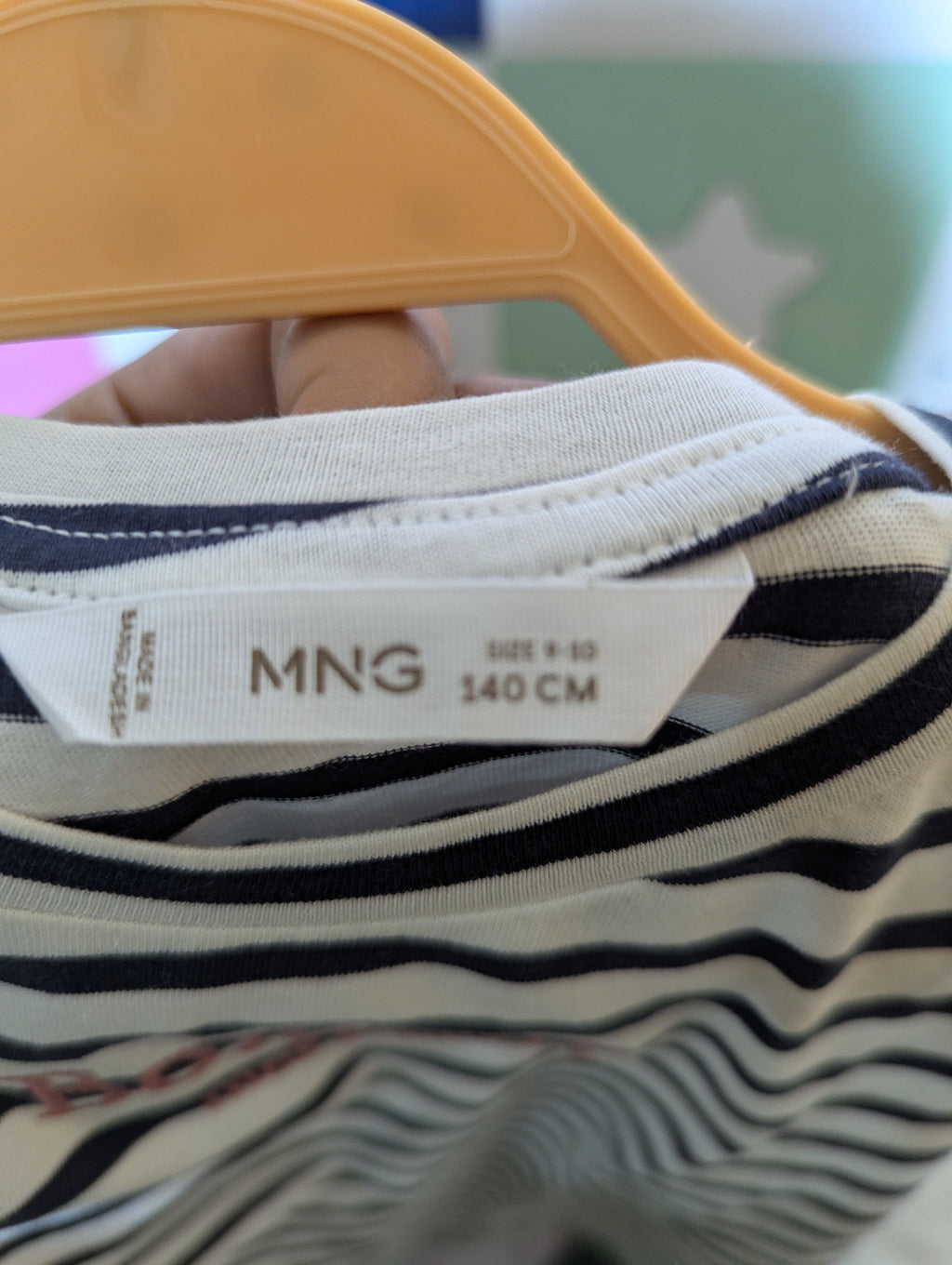 Mango Girls Navy Blue and White Striped "Bonjour" Graphic Tee - Size Estimated Age 9-10 Years AB2