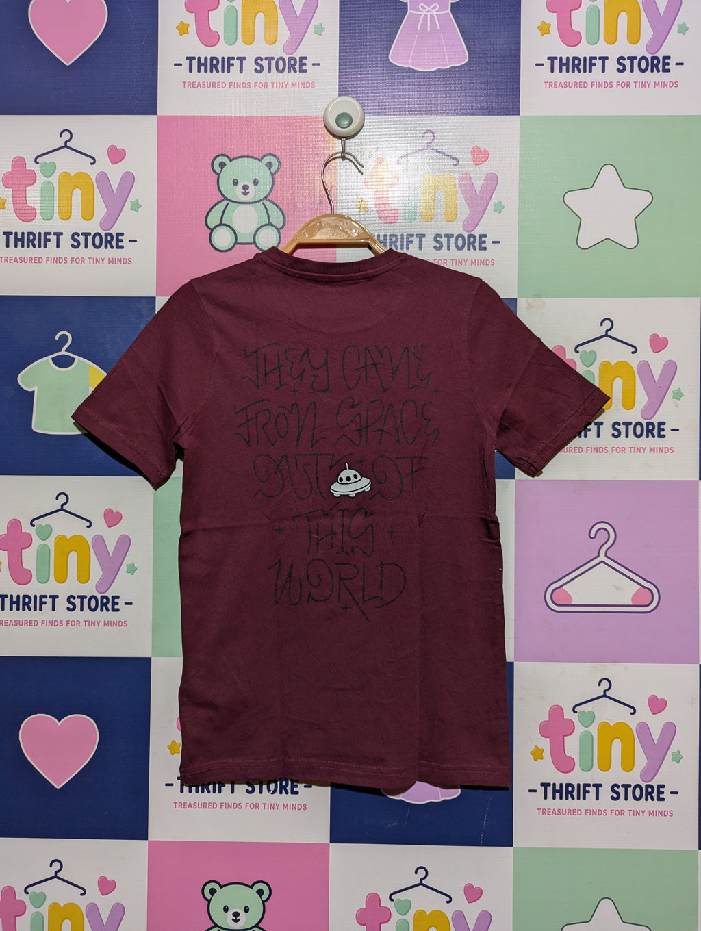 LC Waikiki Boys Burgundy "They Came From Space" Graphic Tee - Size Estimated Age 9-10 Years AB2