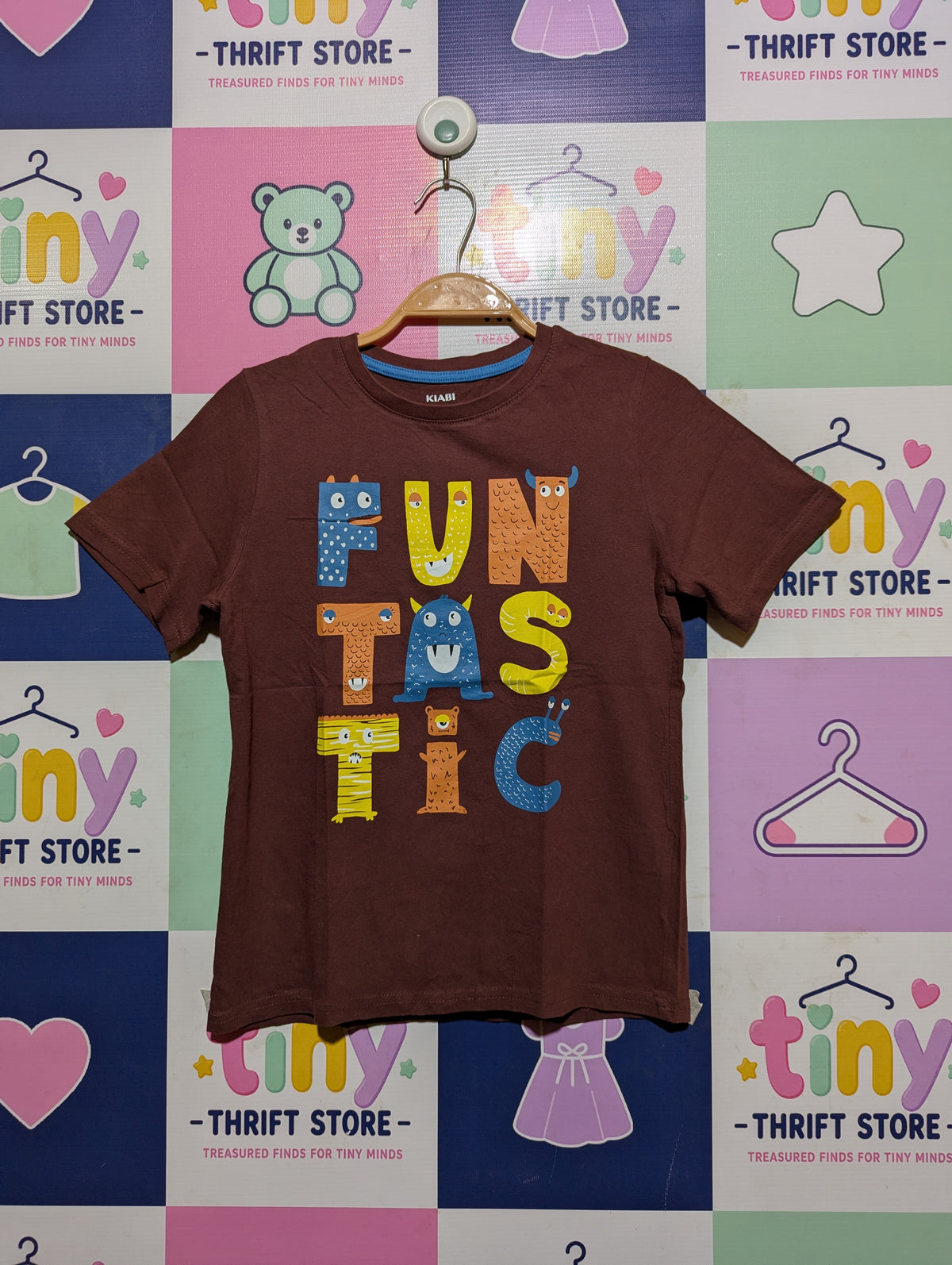 Kiabi Boys Brown "Funtastic" Monster Graphic T-Shirt - Size Estimated Age 10 Years AB2