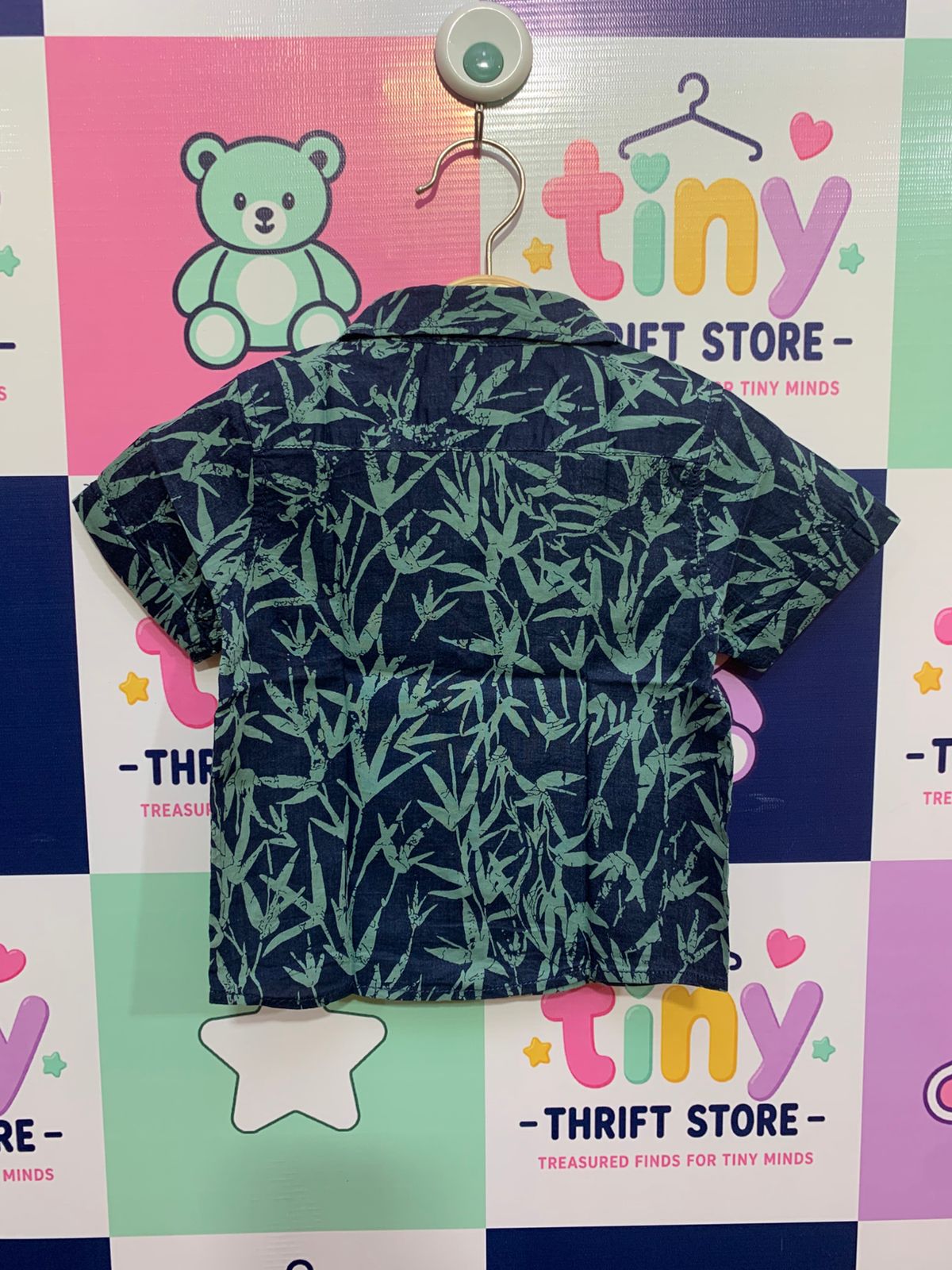 ZARA Baby Boy Bamboo Print Short Sleeve Button-Down Shirt – Size 6/9 Months (Pre-loved) AB1
